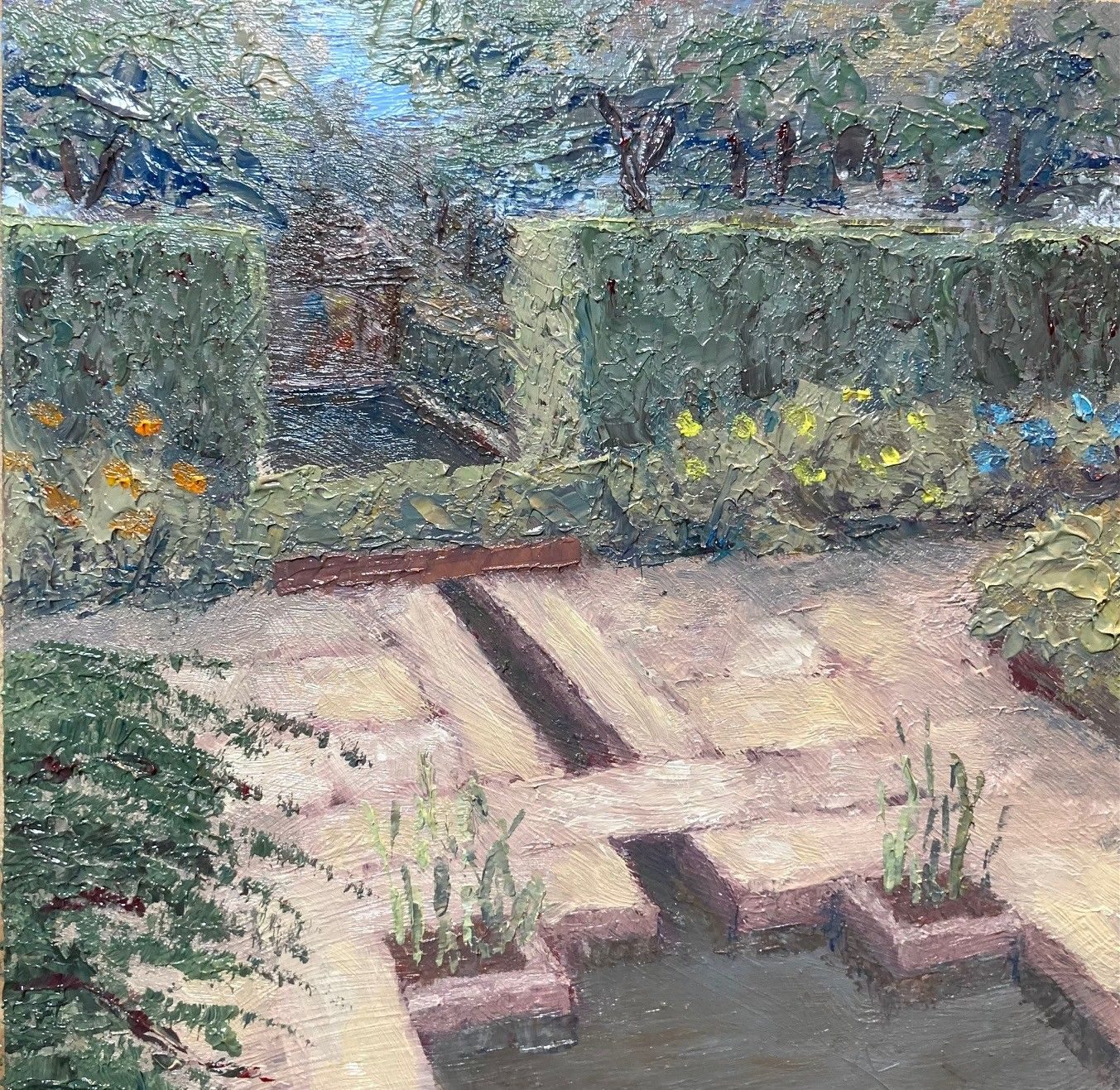 Oil painting on board, 20cm x 20cm. It shows a rill at a Shropshire country house.