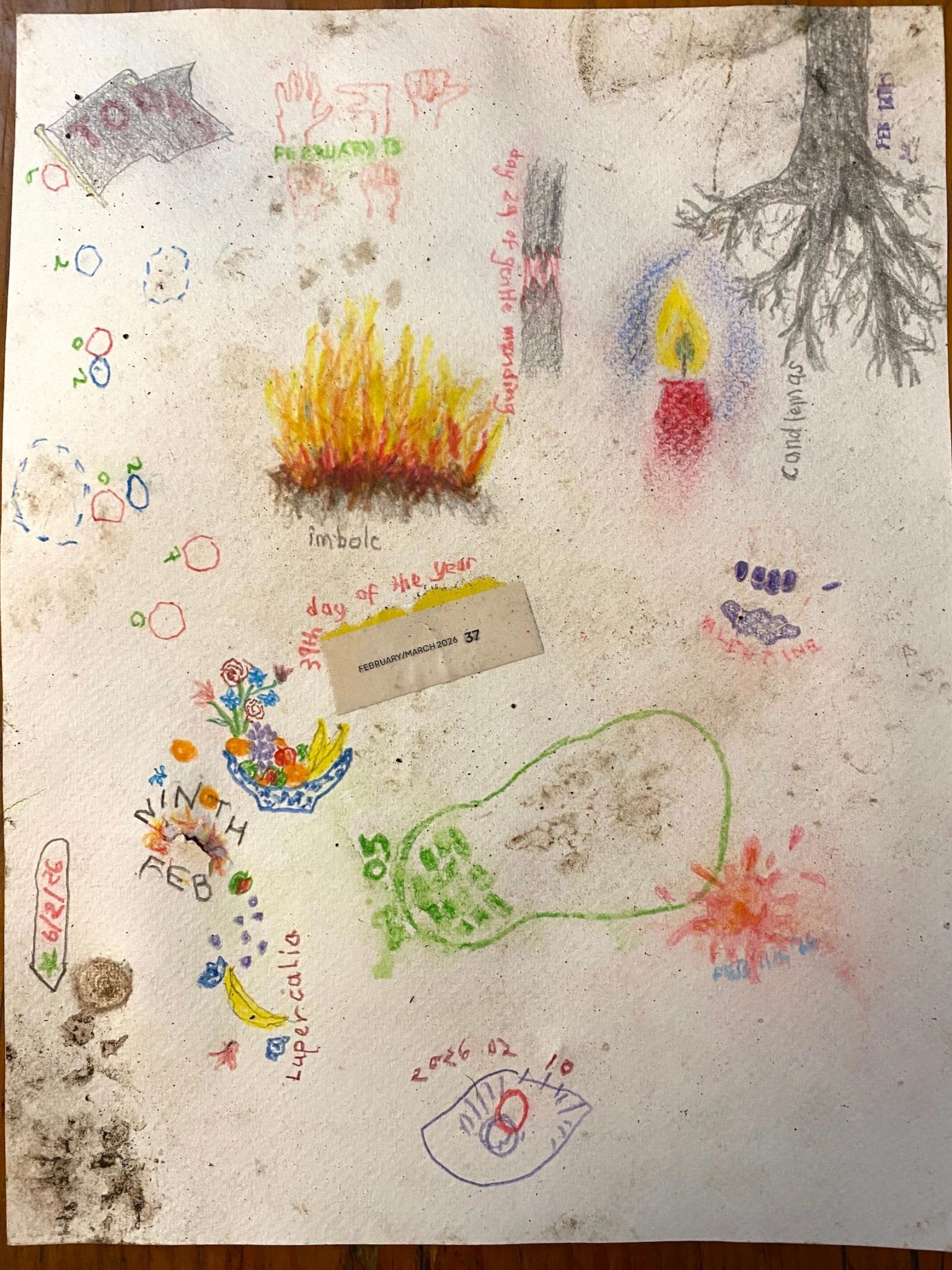 The same drawing as yesterday. The paper has flattened out; all that is left of yesterday's drawing is the purple nails and cuff.  Between the page number and the shoeprint there is a blue and white bowl heaped with fruit (oranges, green and red apples, bananas, purple grapes), with blue and pink flowers sticking out of it. Coming down from the left side of the bowl, fruits, flowers and broken fragments of blue and white china spill over the hole in the page and beneath. Alongside this cascade of pieces the word 