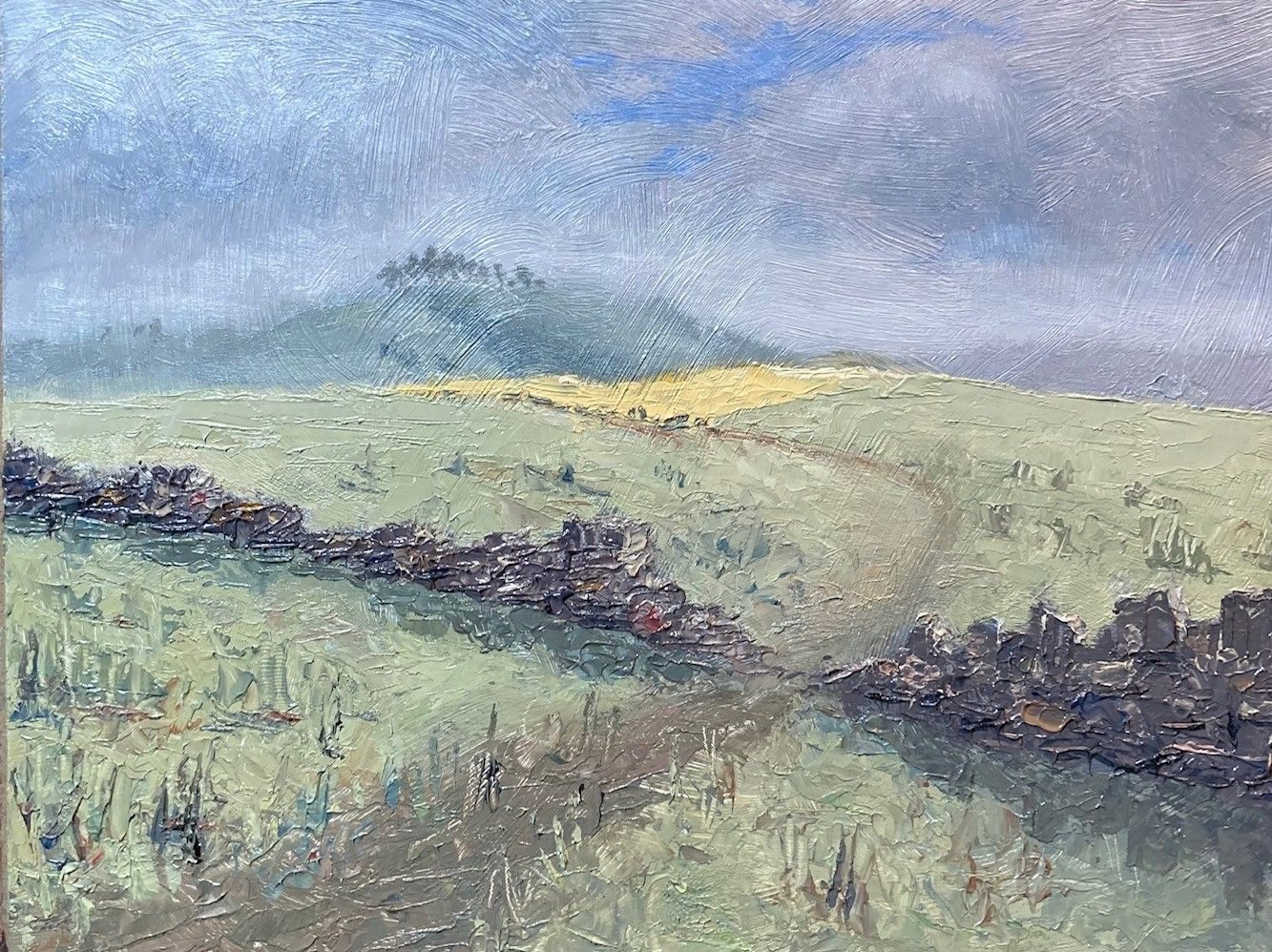 Oil painting on board, 20cm x 255cm. It shows a view of dry stone wall in Lancashire.