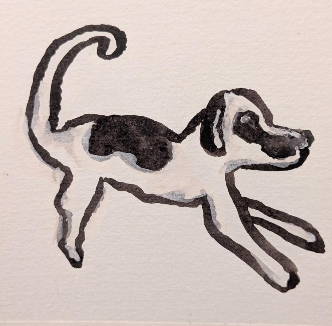 Brush drawing of running brown and white dog