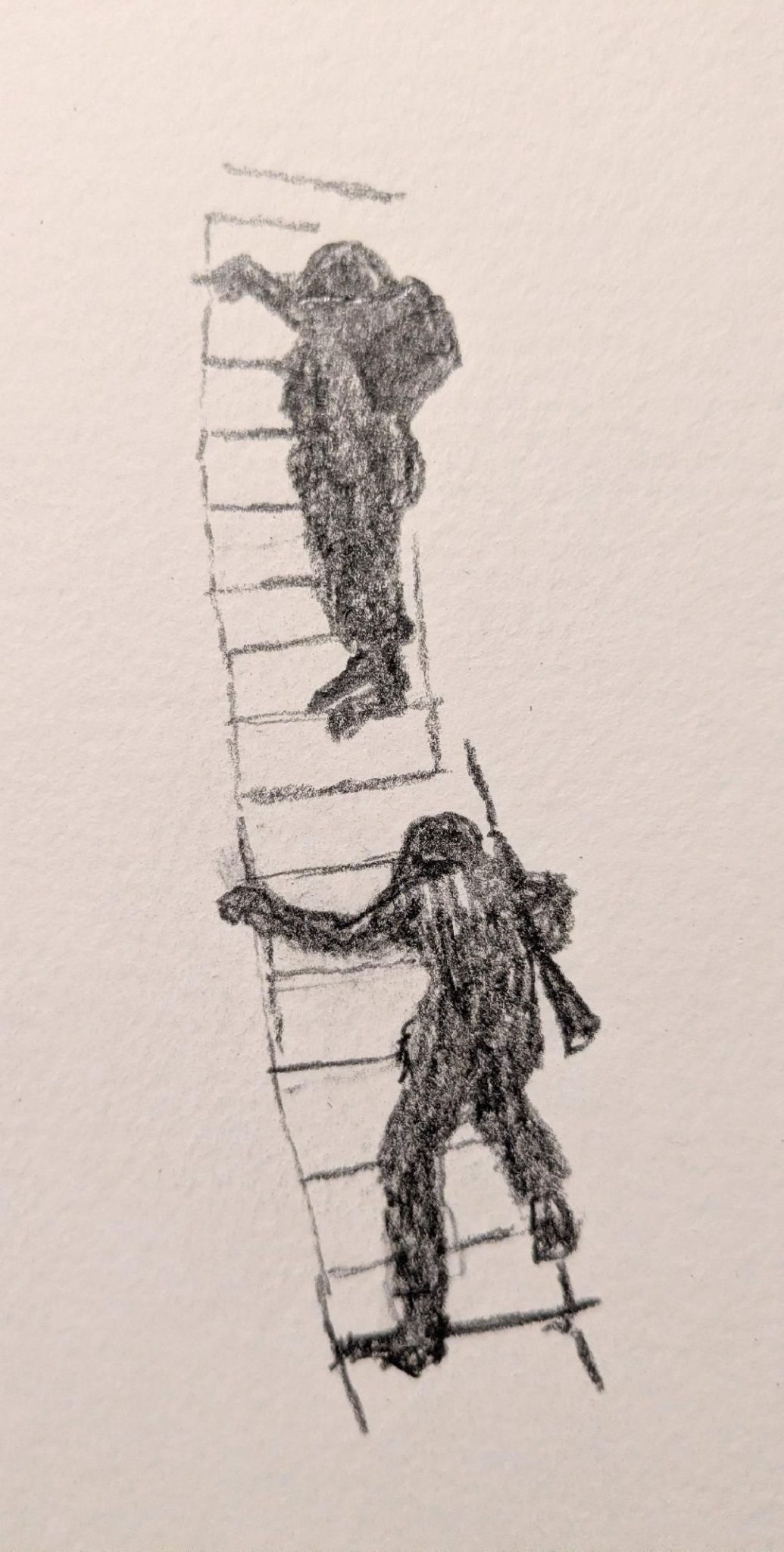 Pencil drawing two figures climbing a rope ladder