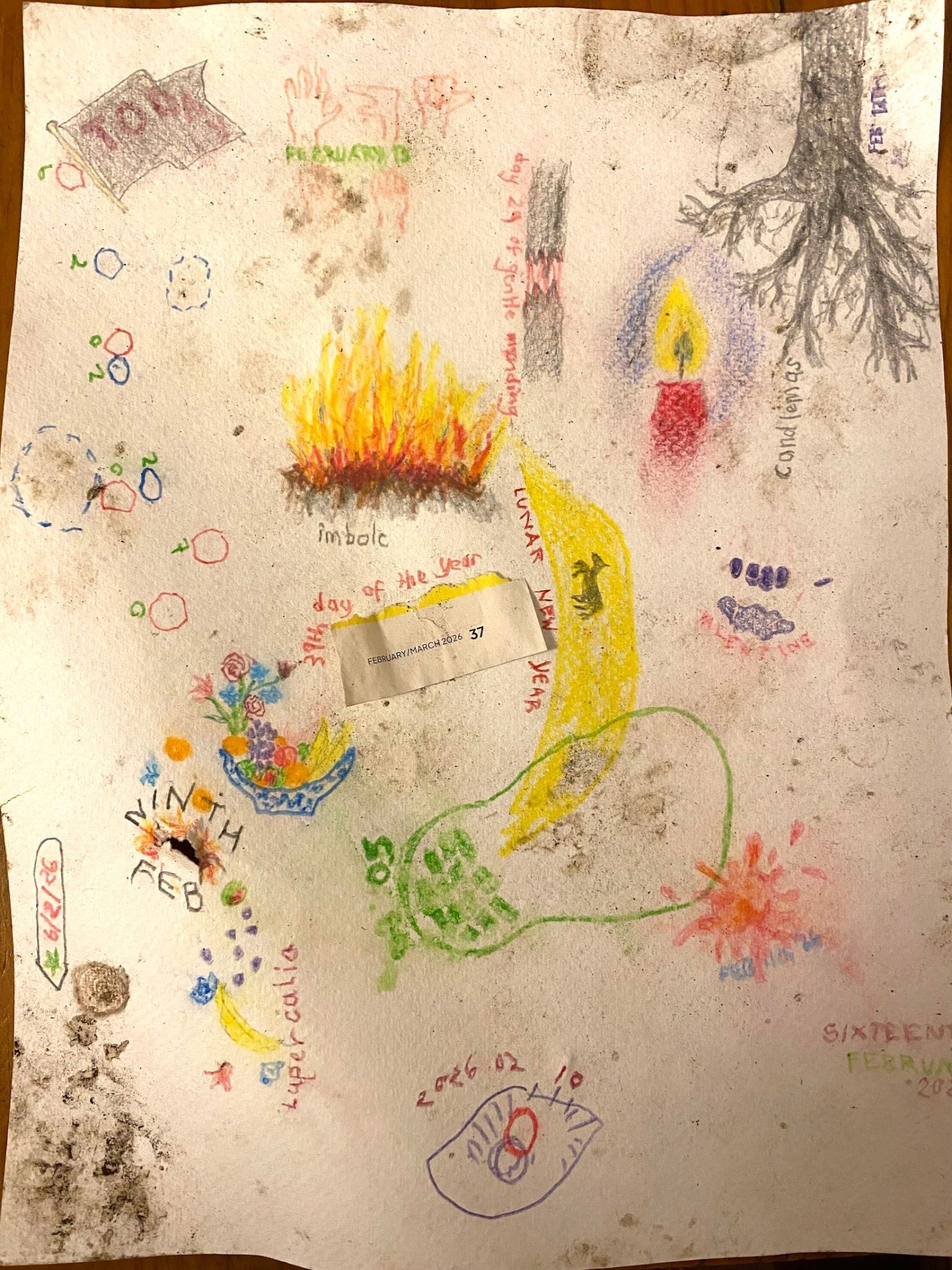 The same drawing as yesterday, The paper is buckled, the stuck-on page number has lifted at the corners, and the words from yesterday are faded.  To the right of the page number and overlapping the shoeprint and its muddy mark there is a yellow crescent shape, with a small figure resembling a black horse inside it. Along the inside of the crescent the words 