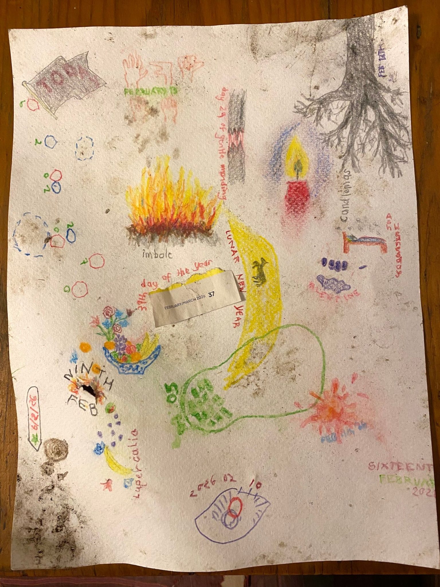 The same drawing as yesterday. The paper is quite buckled. Beneath the tree and just above the purple nails there is a small drawing of a bed with a person's head emerging from a blue and red cover. A few grey smudges are dotted above the bed. The words 