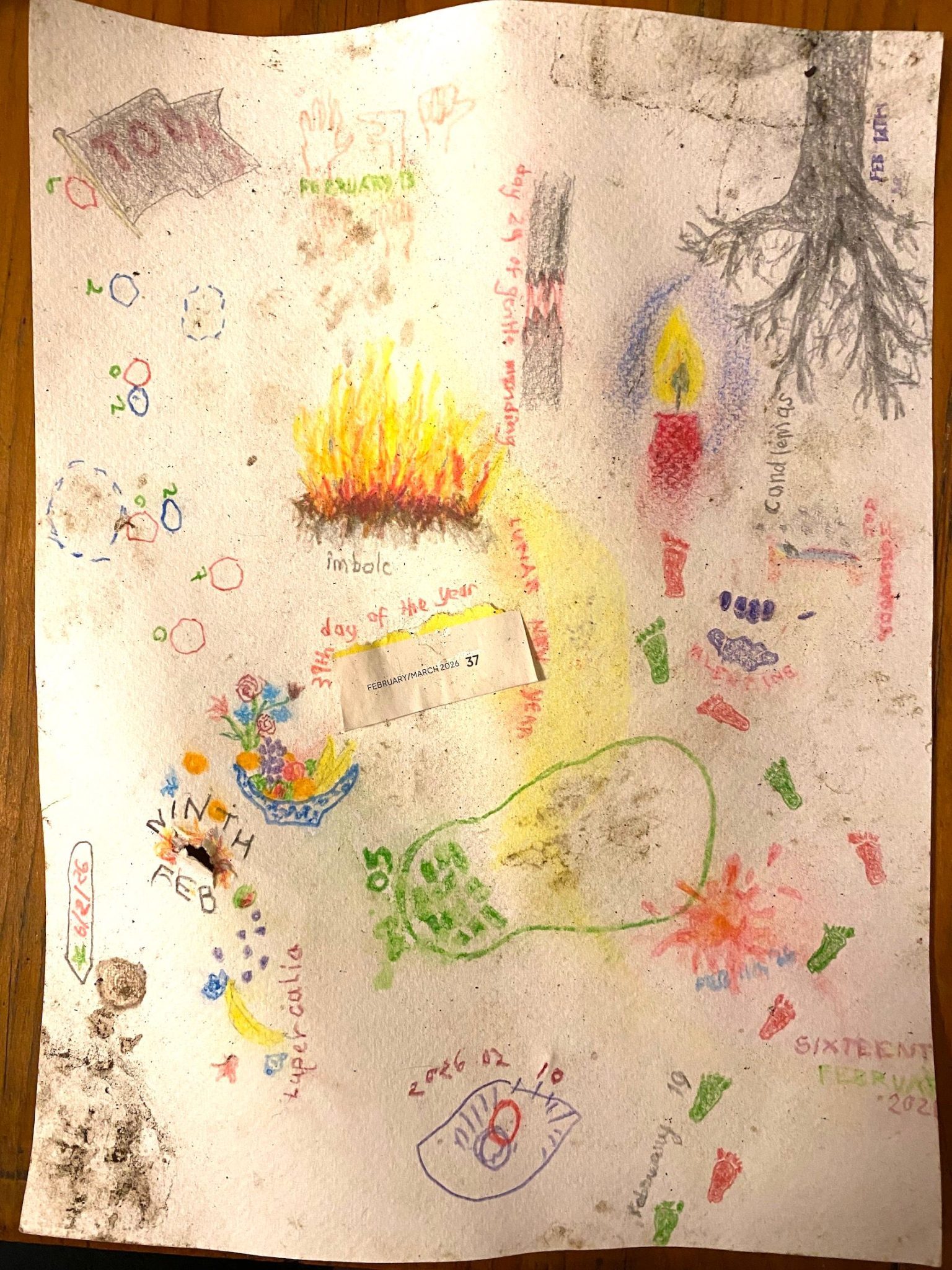 The same drawing as yesterday. The paper is very cockled. Yesterday's bed has almost faded away but the person in it is still there. There is a line of footprints, green for left and red for right, tracking up from the bottom of the page, around the shoeprint, and splat, between the page number and purple nails, up to the bottom of the candle. The words 
