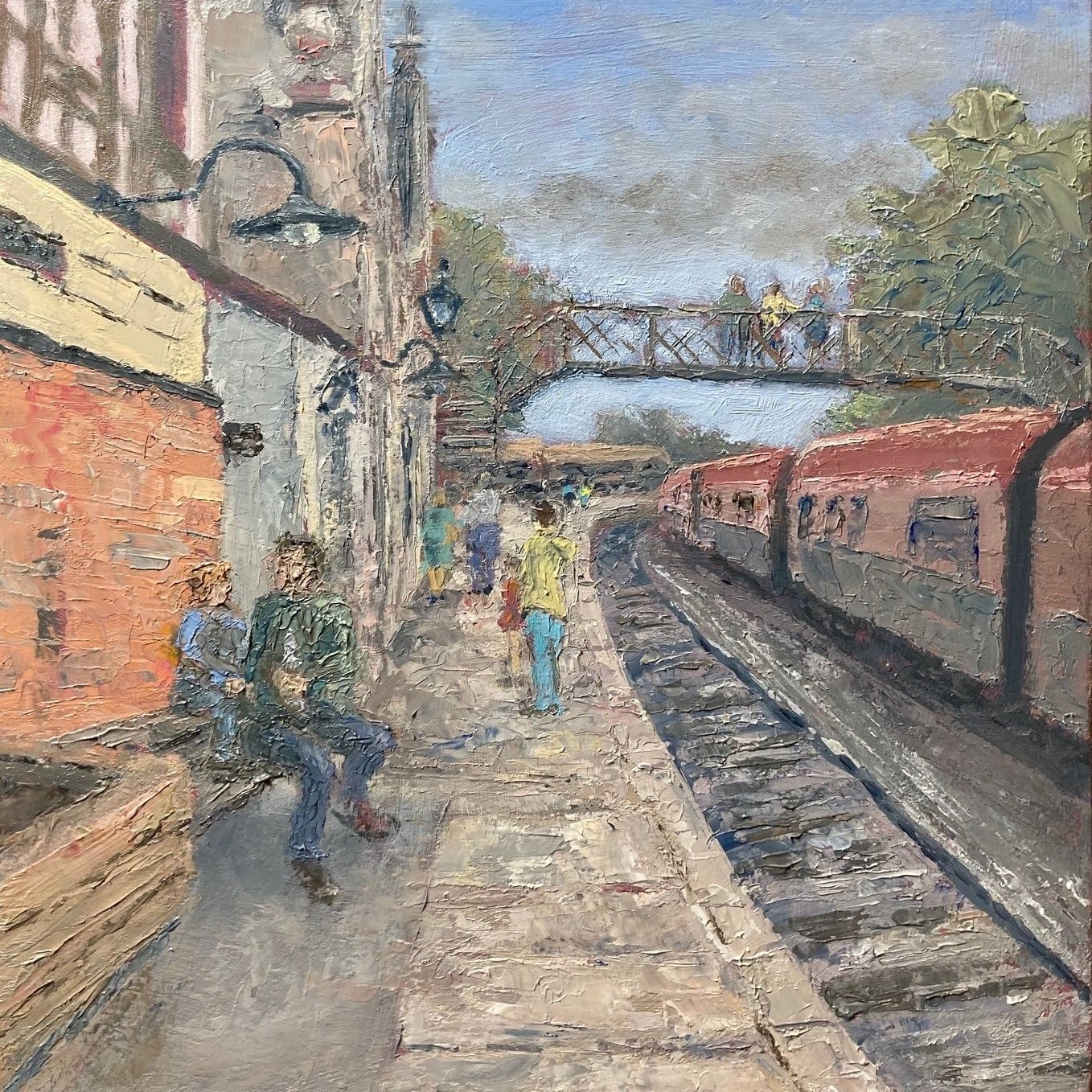 Oil painting on board, 20cm x 20cm. A view on the platform at Brignorth Station.