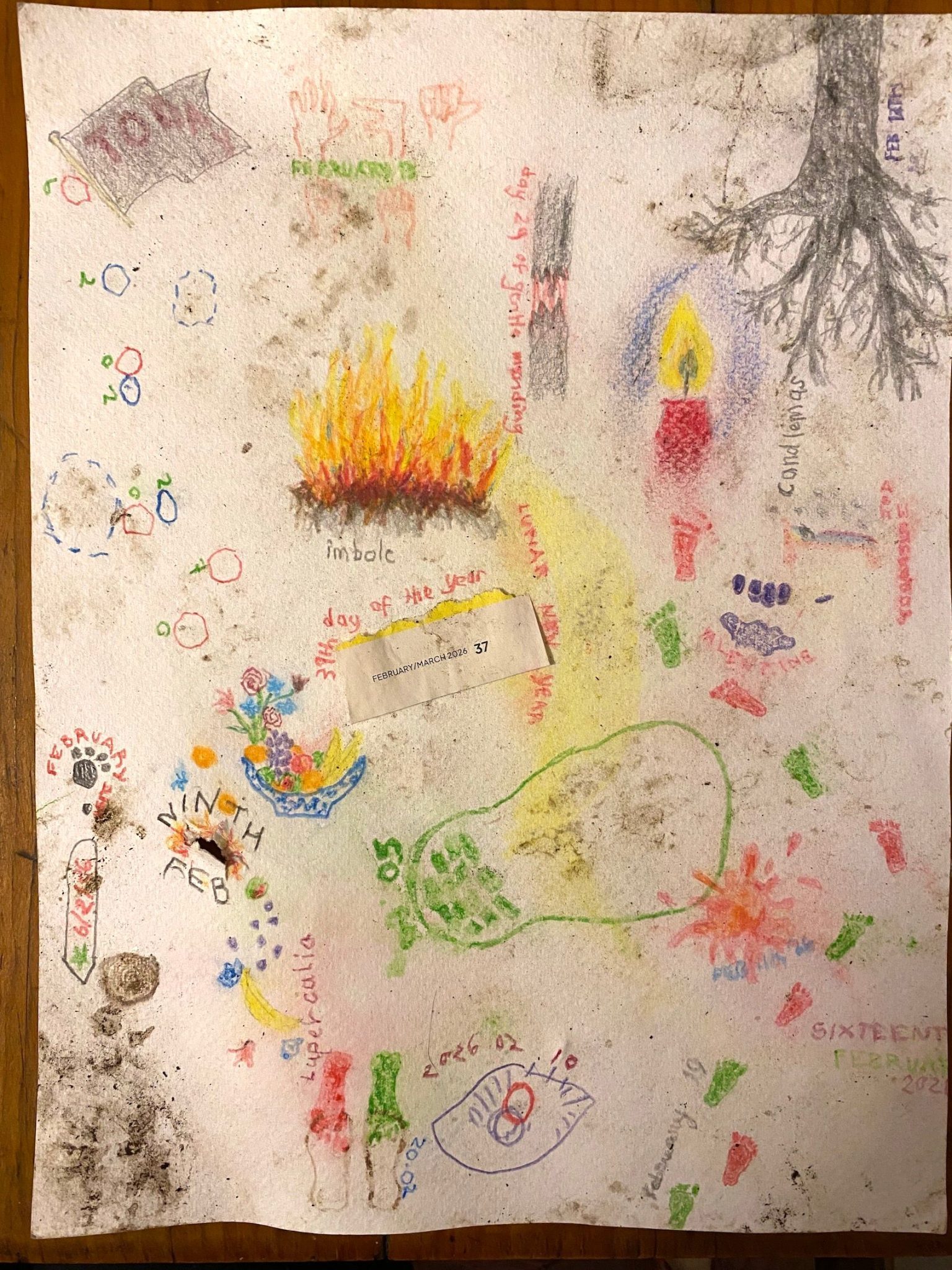 The same drawing as yesterday. Yesterday's footprints have merged into one another and some of the red and green colour is smudged over the white paper around them. On the left side of the page, above the 