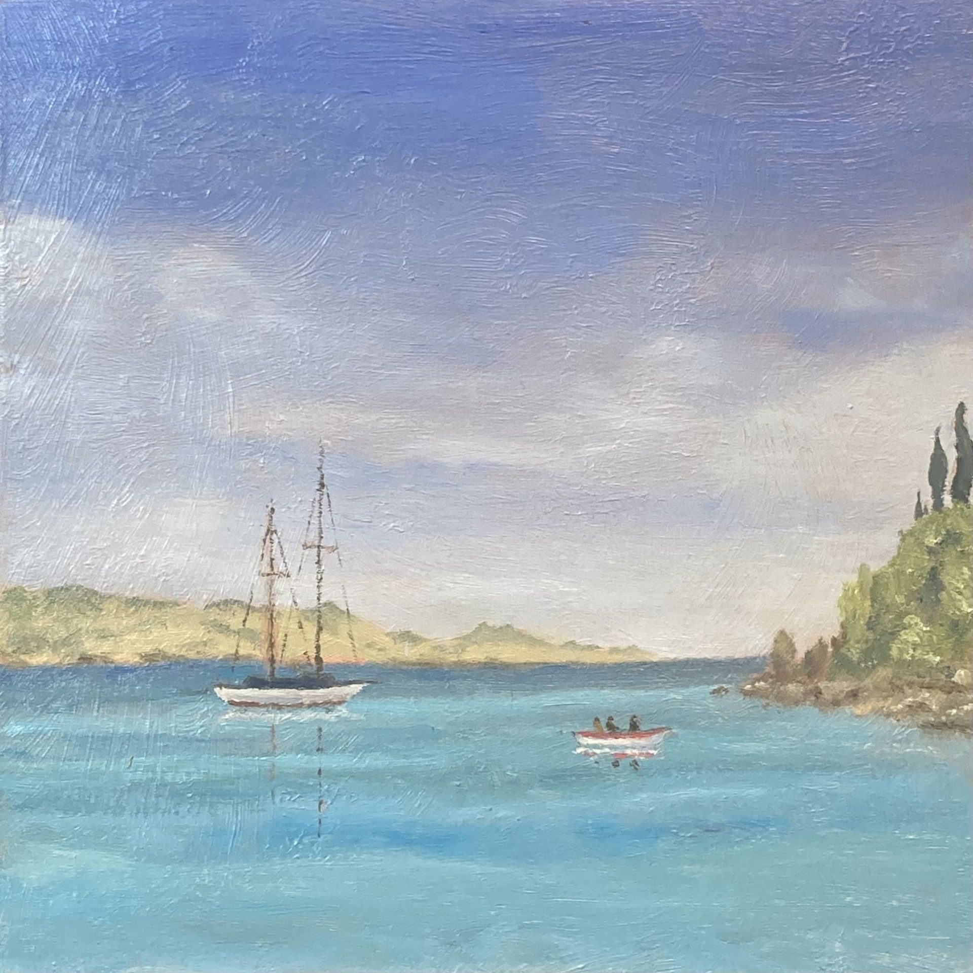 Oil painting on board, 20cm x 25cm. A sea view off Corfu
