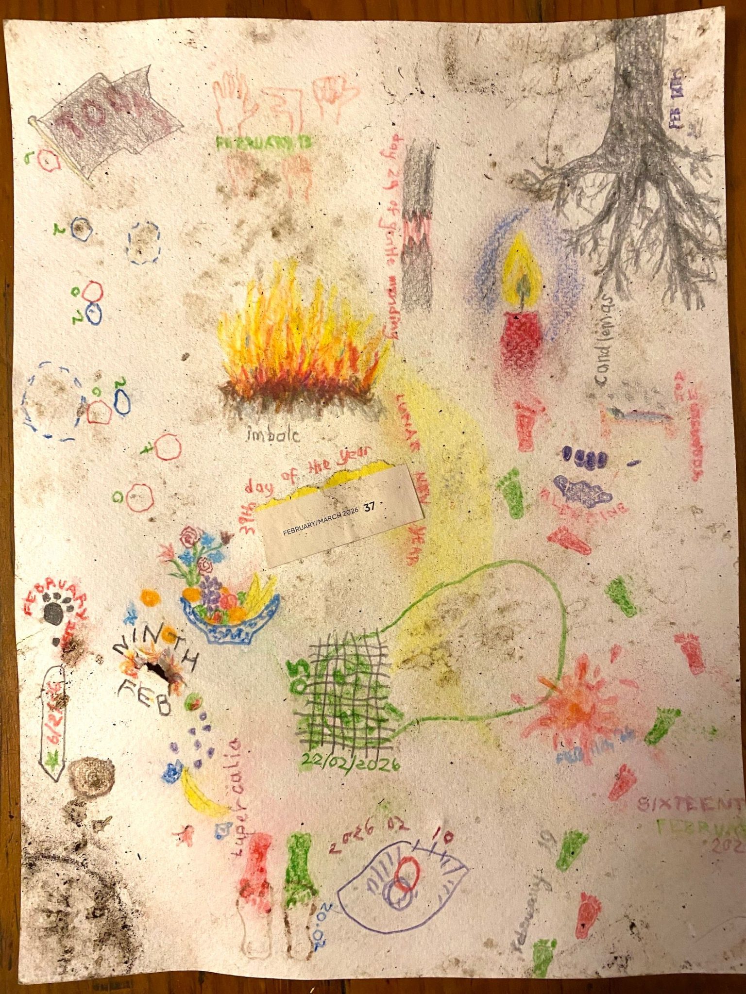 The same drawing as yesterrday. The paper is a little flatter. A grid of wobbly dark grey lines covers the heel section of the large green shoeprint in the lower half of the page. Beneath the grid the figures 