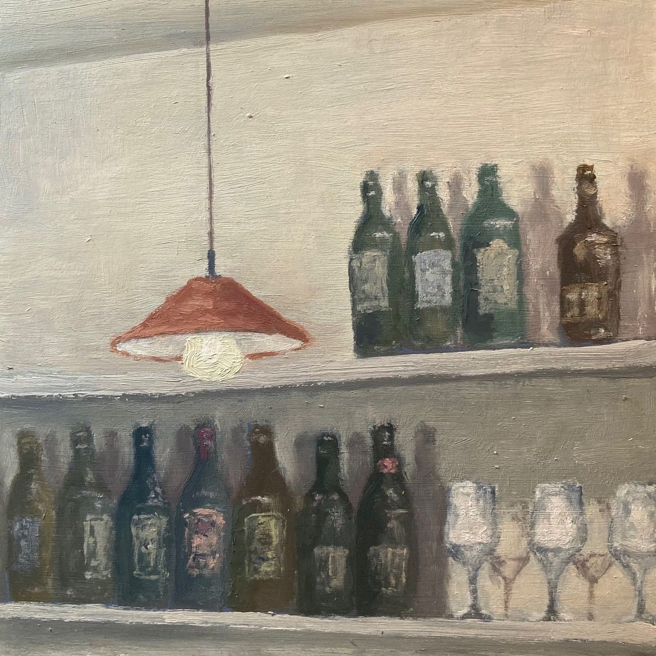 Oil painting on board, 20cm x 20cm.  Still life of shelves in Restaurant Dill in Shrewsbury.