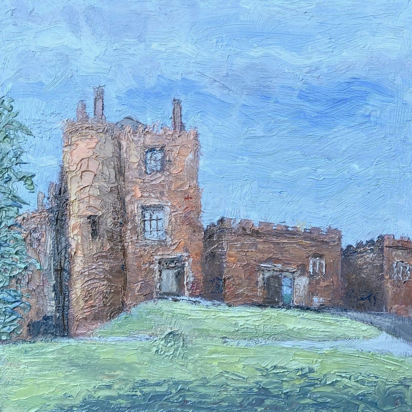 Oil painting on board, 20cm x 20cm. A view of the entrance to Powys Castle.