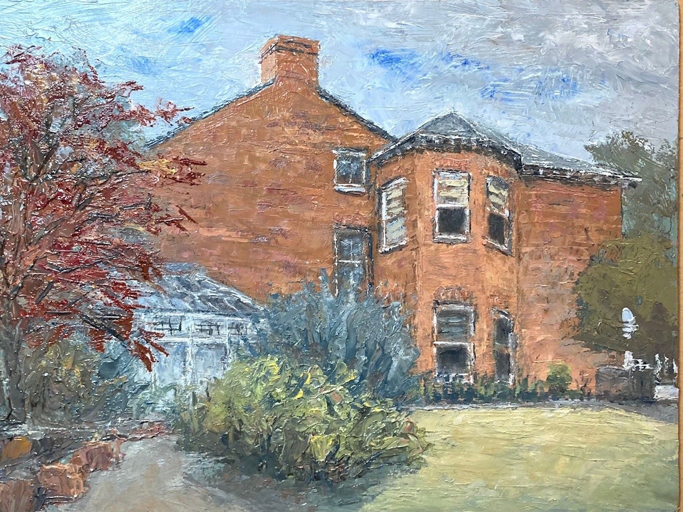 Oil paint on board, 20cm x 26.5cm. A view of the rear of Bantock House in Wolverhampton.