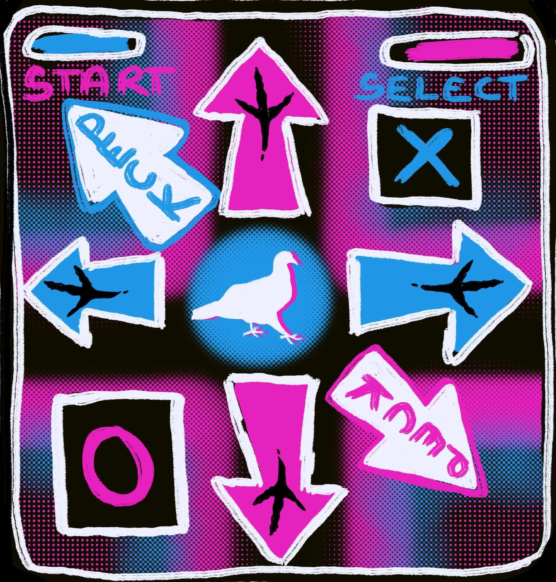 a retro dance mat drawing but made for a pigeon so the loco in the middle has a pigeon dancing instead of a human and some of the arrows say PECK!. the mat is in a very classic bright pink blue white and black colour pallete