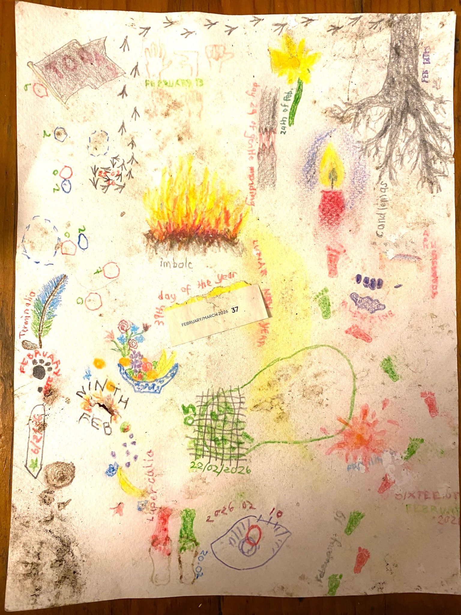The same drawing as yesterday. The corners of the paper are slightly curled up. From the base of the tree at the top right, a track of dark grey bird footprints moves across the top of the page and down to the right of the flag, ending in a tight maze to the left of the fire. In the middle of the maze, the figures 