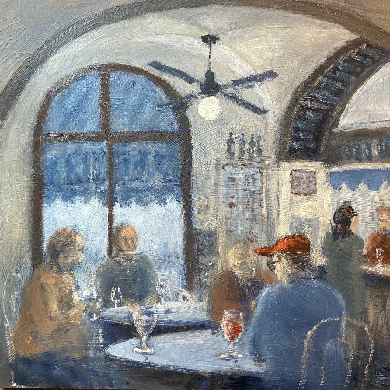 Oil painting on board, 20cm x 20cm. It shows the inside of Caffe Del Porto in Rapallo in Italy.