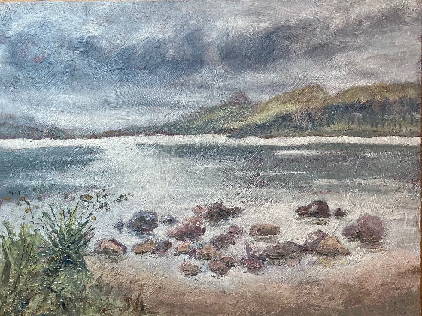 Oil paint on board, 20 x 26.5cm. A view across Loch Rannoch towards Schiehallion.