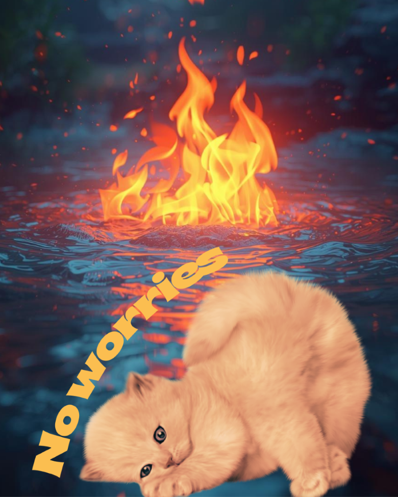 a digital collage of water background, with fire flames in the middle, in the foreground there is a kitten that has playfully curled up with his rear in the air, and a writing on the left of it, reading No worries