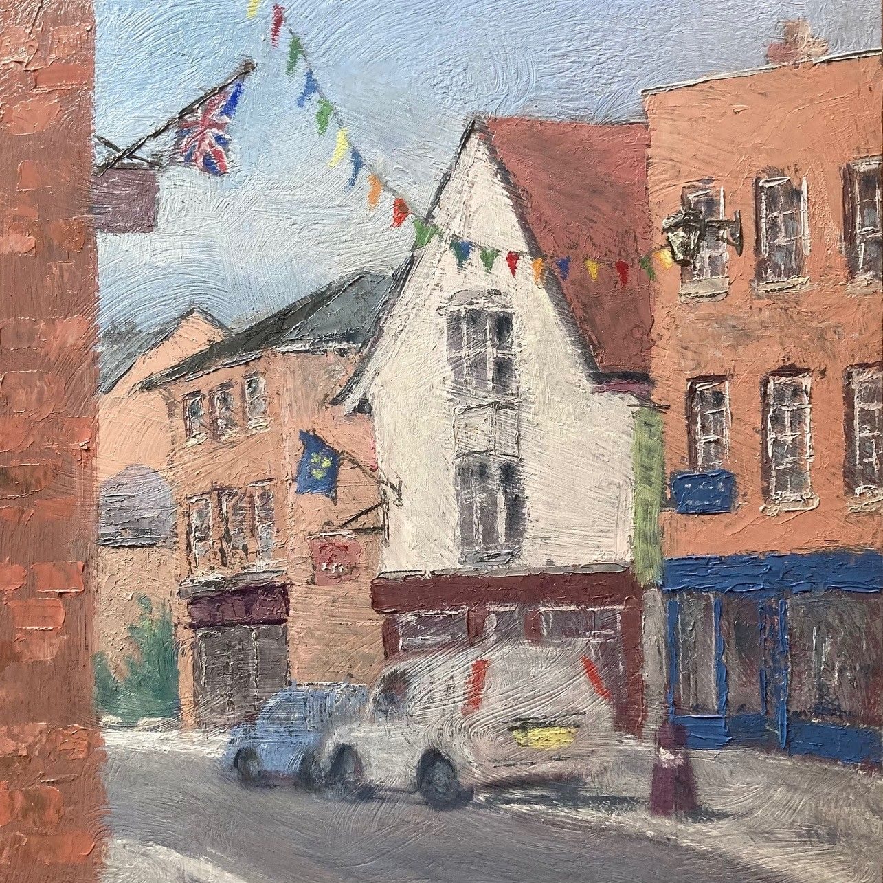 Oil painting on board, 20cm x 20cm. It shows a street scene in Shrewsbury, complete with bunting and Union Flag.