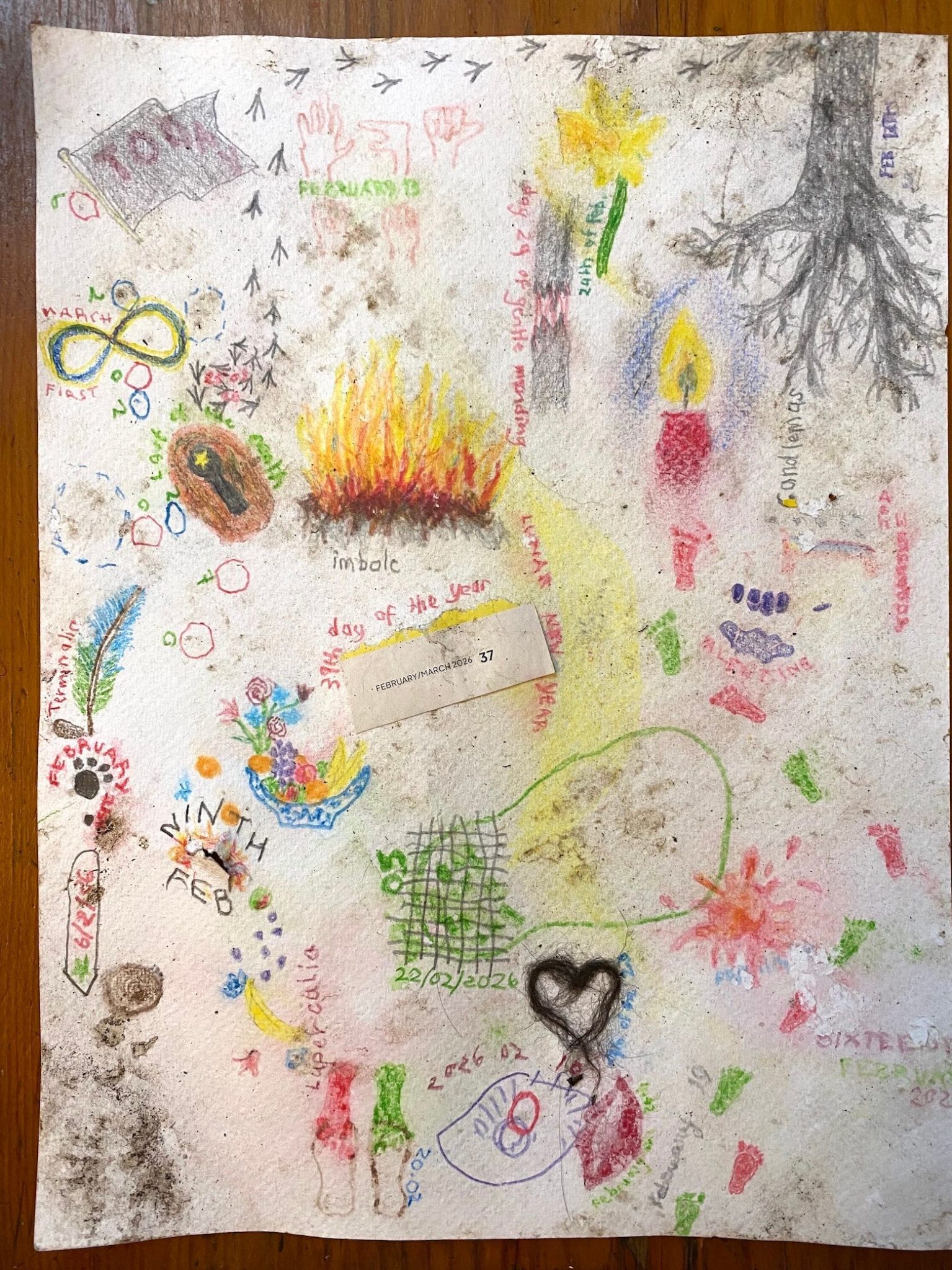 The same drawing as yesterday. On the left side of the page, above the keyhole and to the left of the circled dots, an infinity sign is drawn, in blue-green outline in yellow. The words 