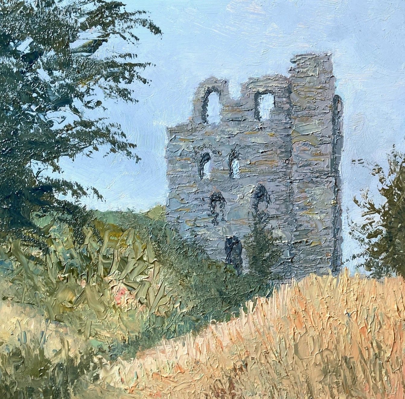 Oil painting of a castle ruin in South Shropshire.