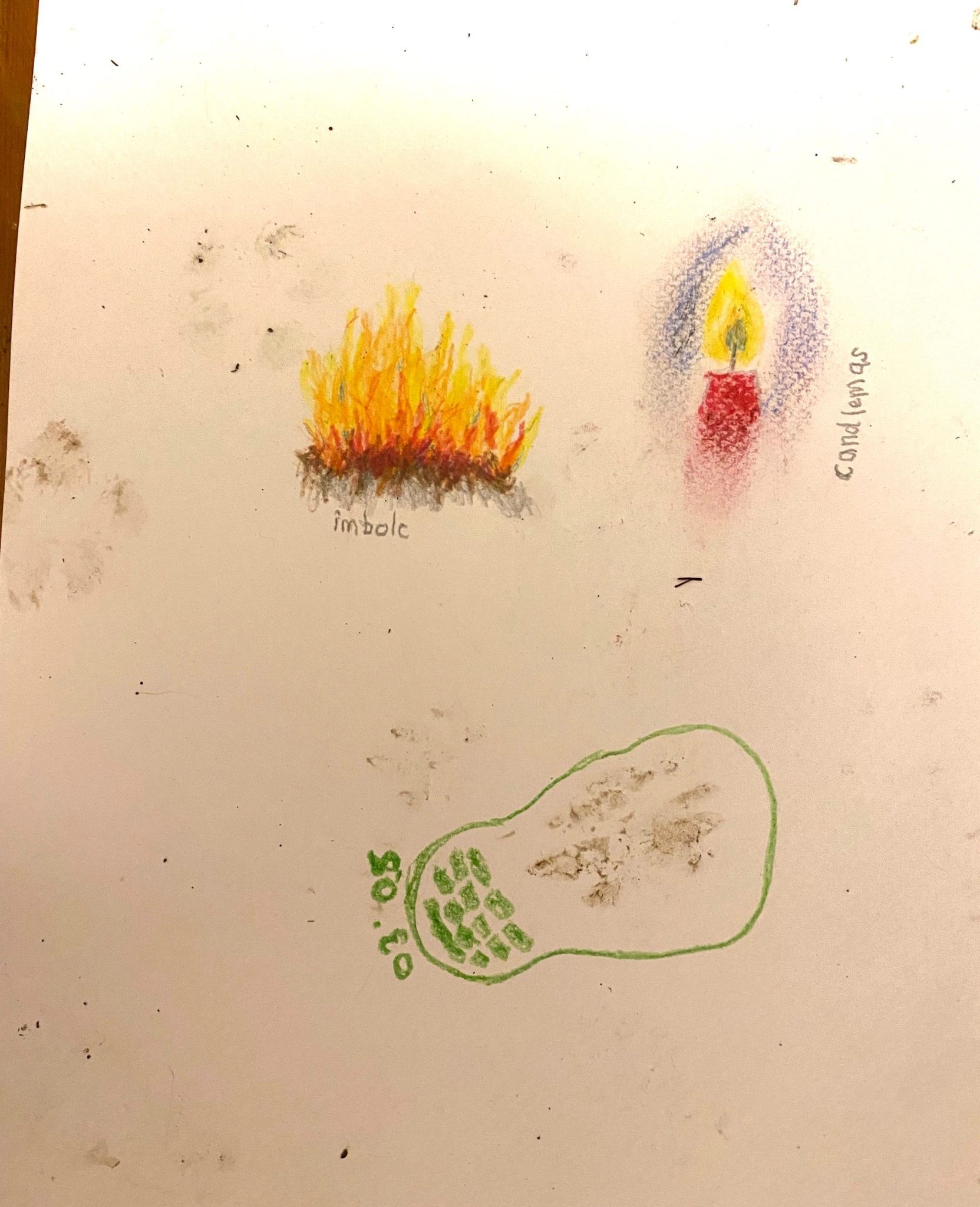 The same page as yesterday, with the drawings of the fire and candle, slightly blurred. There are more grey-brown smudges and marks on the white paper. Around one of them, possibly an animal pawpring, there is a green outline in the shape of a boot print, with the treads coloured in green on the heel. Around the base of the heel 
