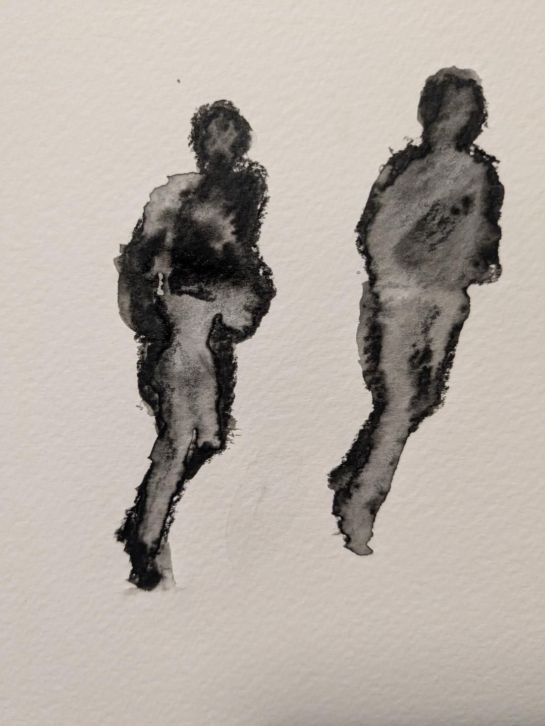 Small silhouette figures in watercolour crayon
