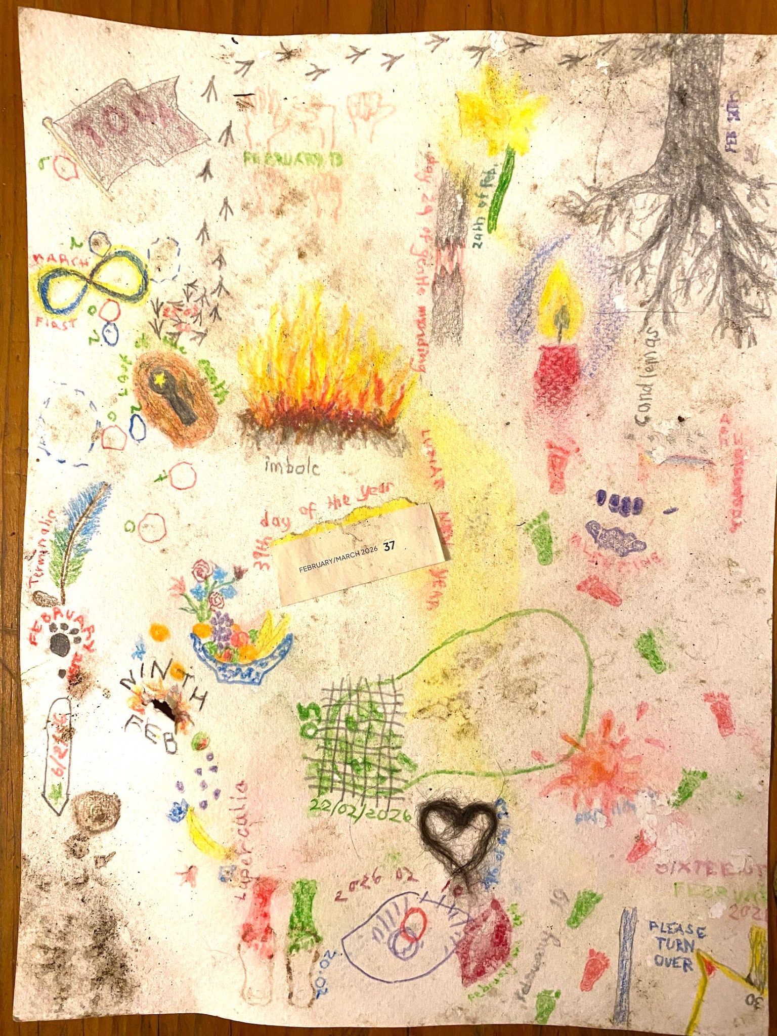 The same drawing as yesterday. In the bottom right corner, a rough triangle is drawn, point toward the centre of the page,. It is outlined in dark gray and yellow, and the point is coloured red, as if the corner of the page had been turned over. The figure 