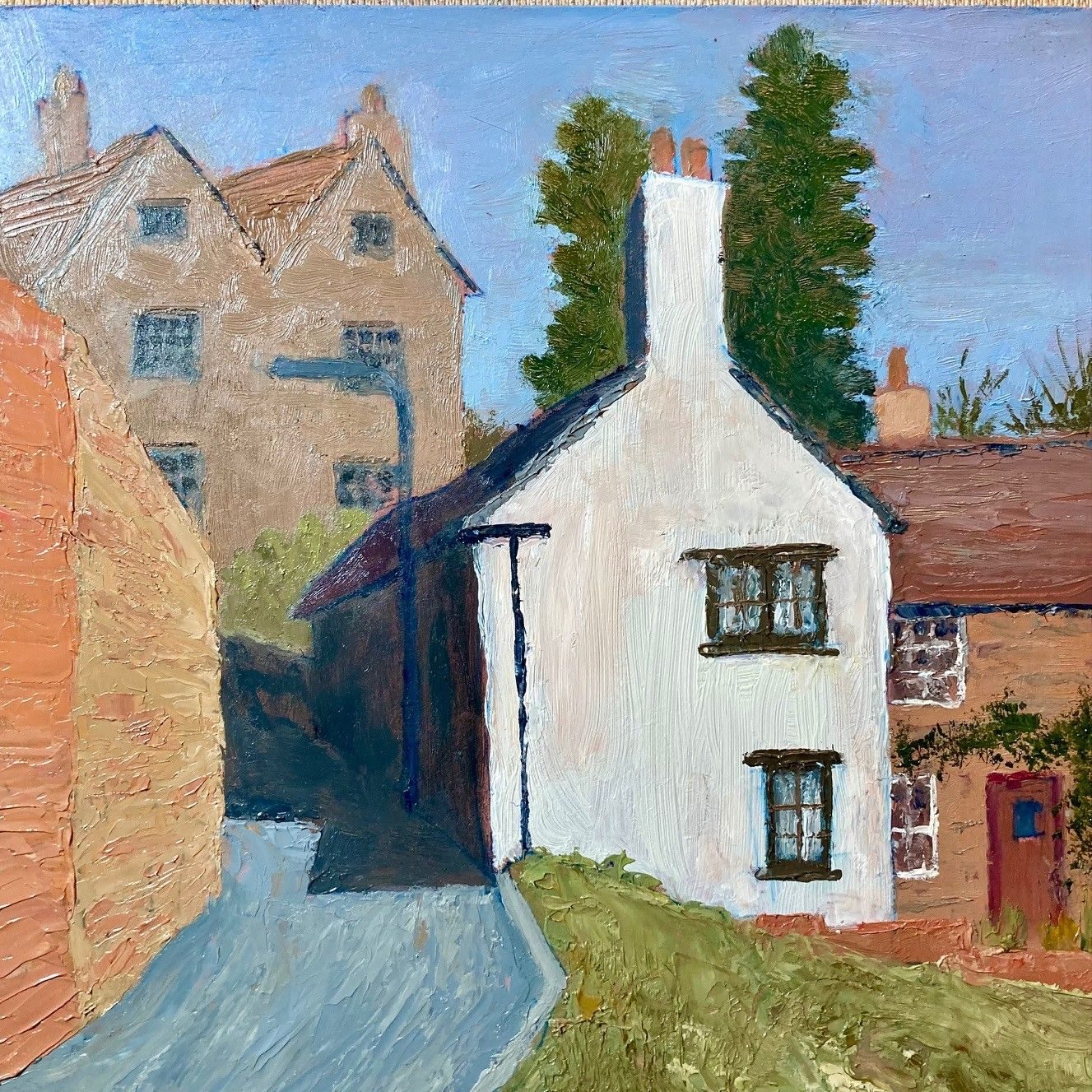 Oil painting on board, 20cm x 20cm. It shows a path leading up the side of a white cottage with houses and trees visible in the distance
