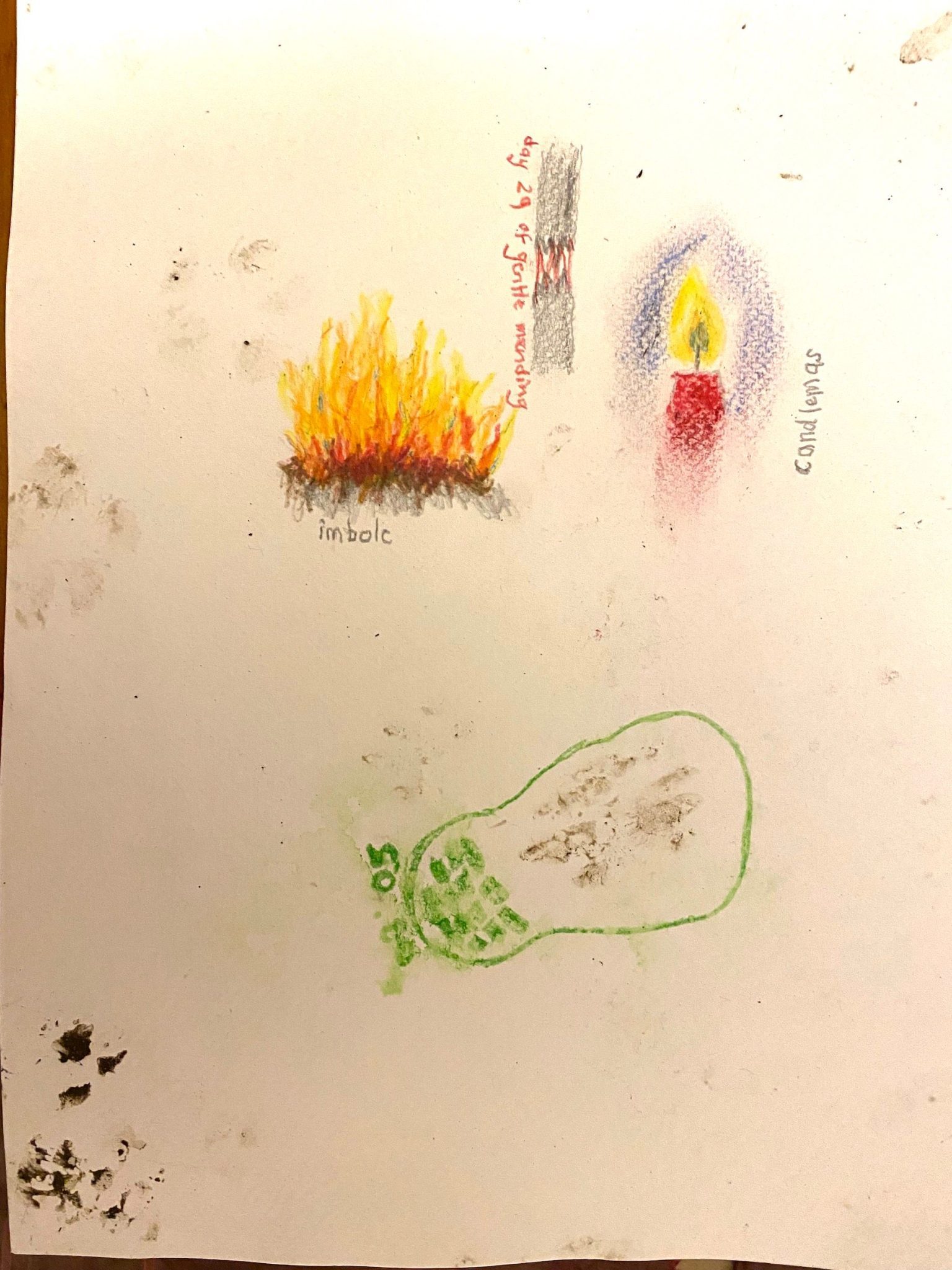 The same drawing as yesterday. There are new dark marks on the bottom left corner of the page and the green writing and drawing is blurred. Between the drawings of the fire and candle is a vertical strip shaded in grey. It is broken in the middle with jagged ends like a broken stick. Zigzag red lines join the two broken ends. Alongside the drawing the words 