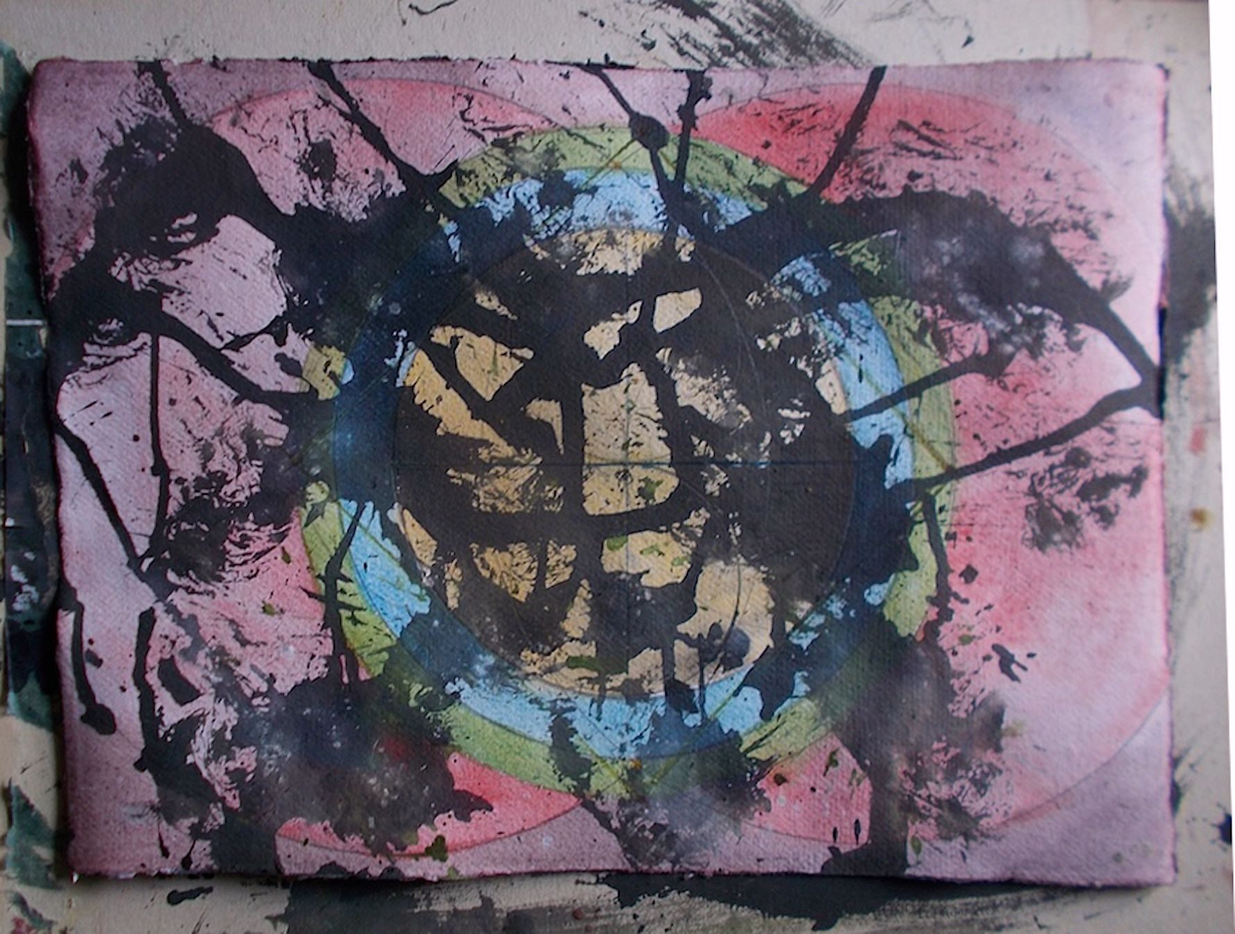 ink, pencil watercolour on khadi paper. A mix of mayhem and control