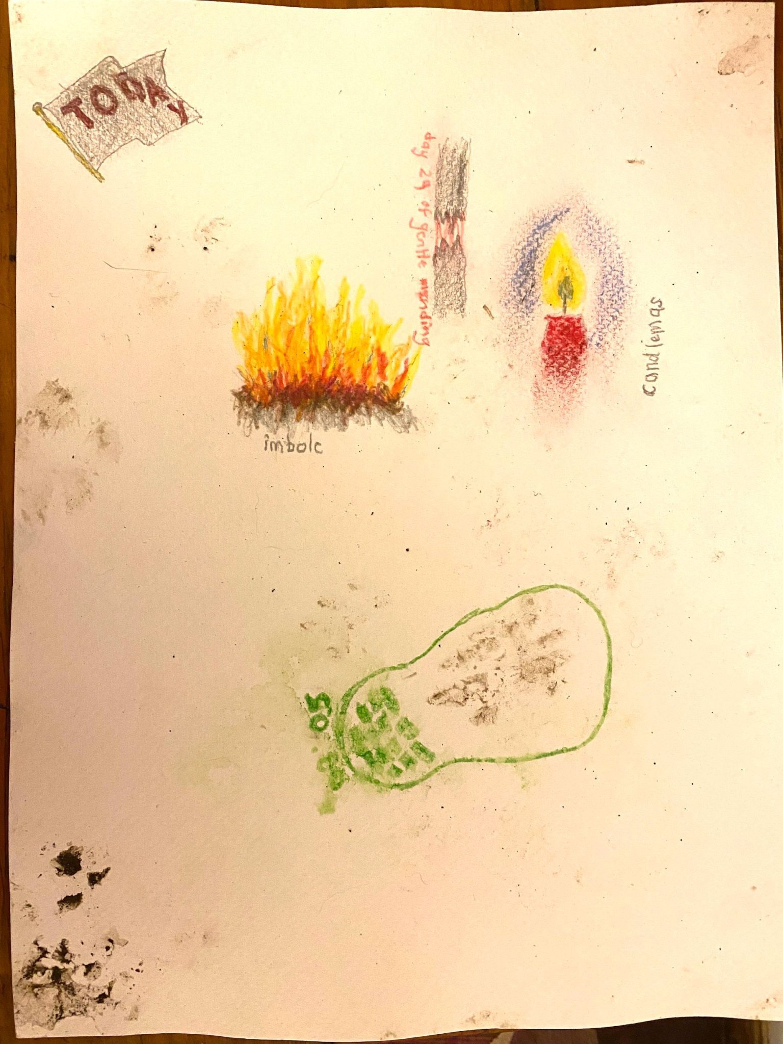 The same drawing as yesterday; the red writing and lines are blurred and indistinct; the other drawings are blurred; the paper is cockled. In the top left corner is a drawing of a flag attached to a flagpole. The flag is shaded grey, with the word 