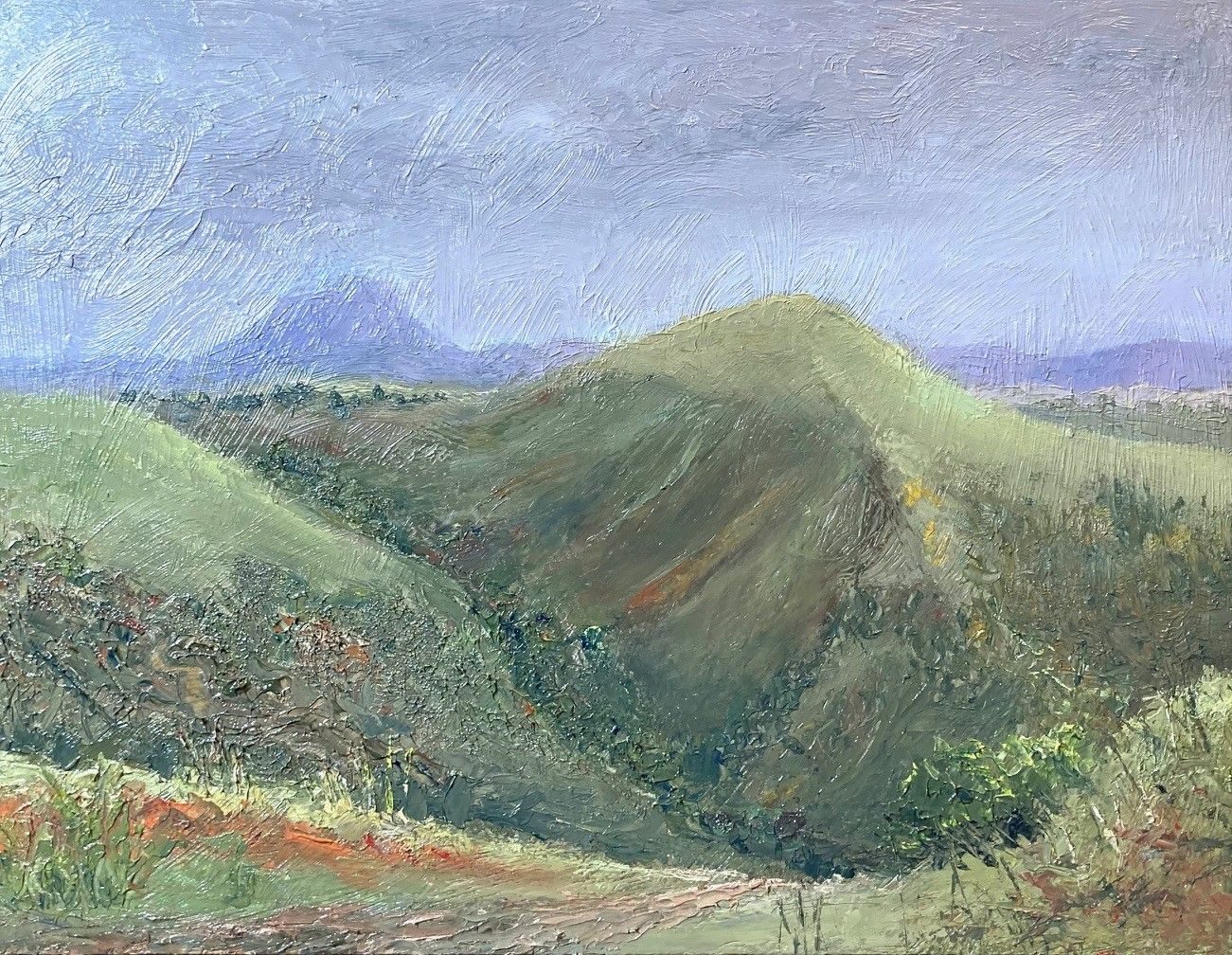 Oil paint on board, 20cm x 26.5cm. A view of the Wrekin from the north slopes of the Long Mynd