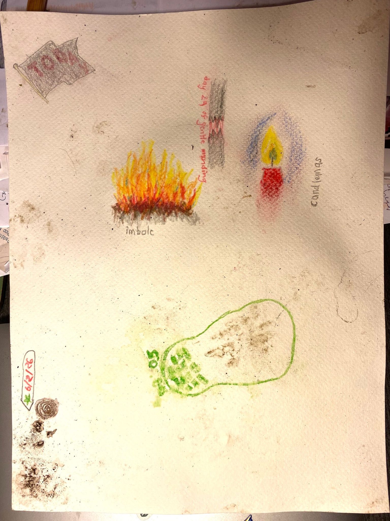 The same page as yesterday. The paper is more cockled, creating large shadows across the page. The red writing on the flat is faded, and there is a shadow of grey grit over most of the white space. In the bottom left corner, above the dark marks a brown spiral has been stuck onto the page. Alongside it is a drawing of a plant label with green leaves and 