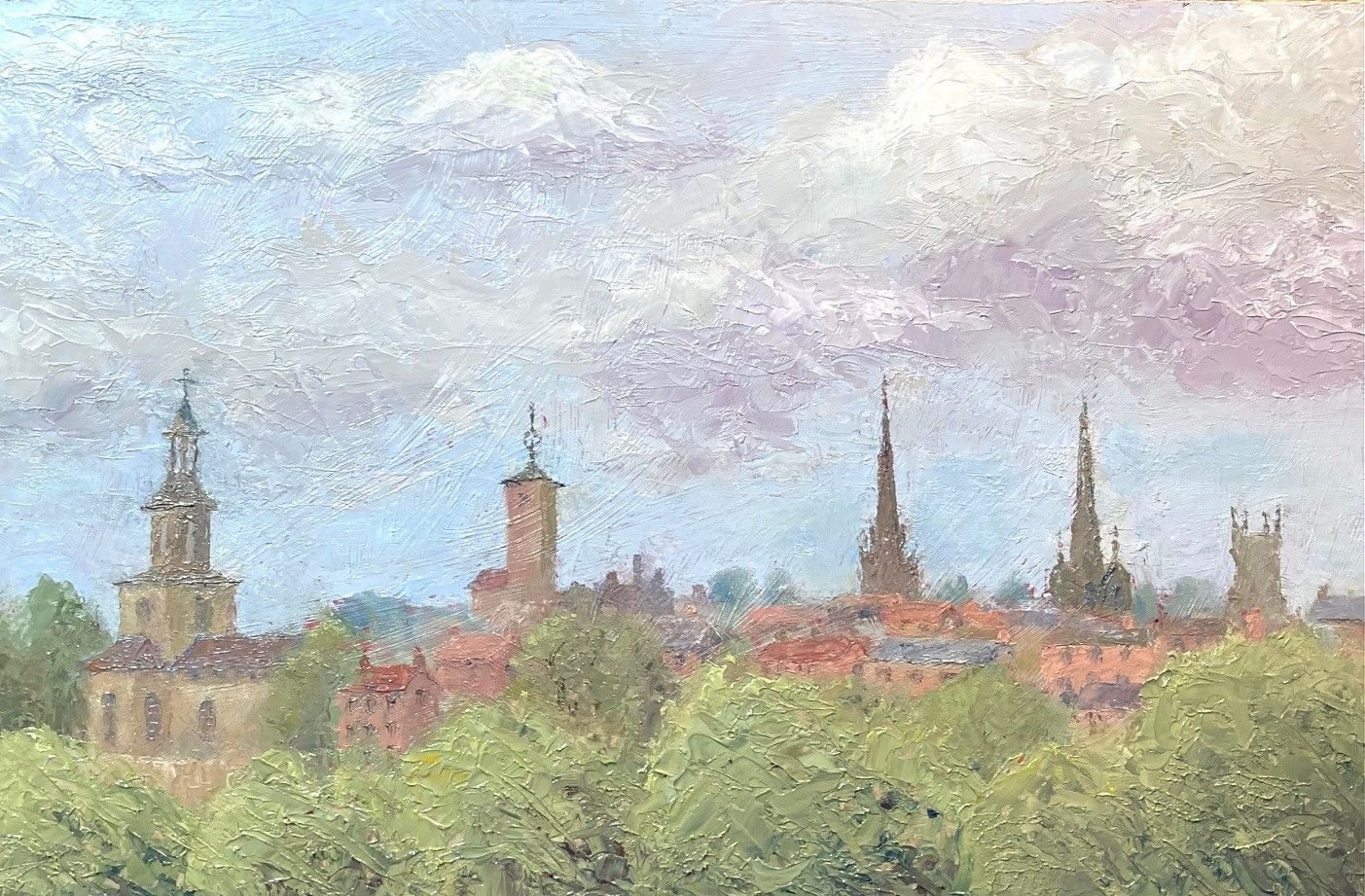 Oil painting on board, 20cm x 20cm. View of the Shrewsbury skyline from Shrewsbury School.