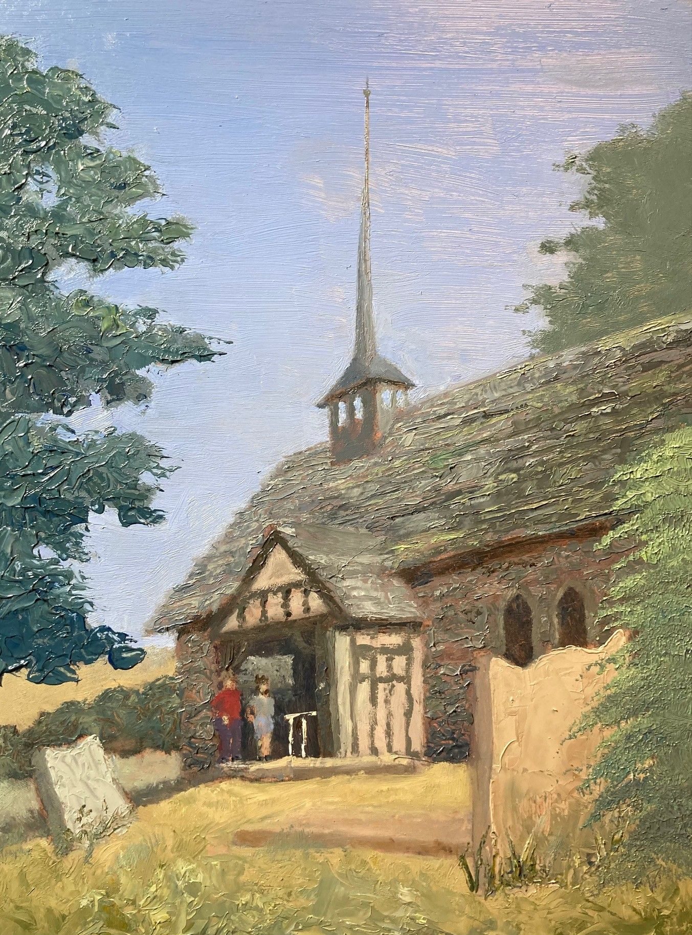 Oil paint on board, 20cm x 26.5cm. A view of a church in the grounds of a country house in Shropshire