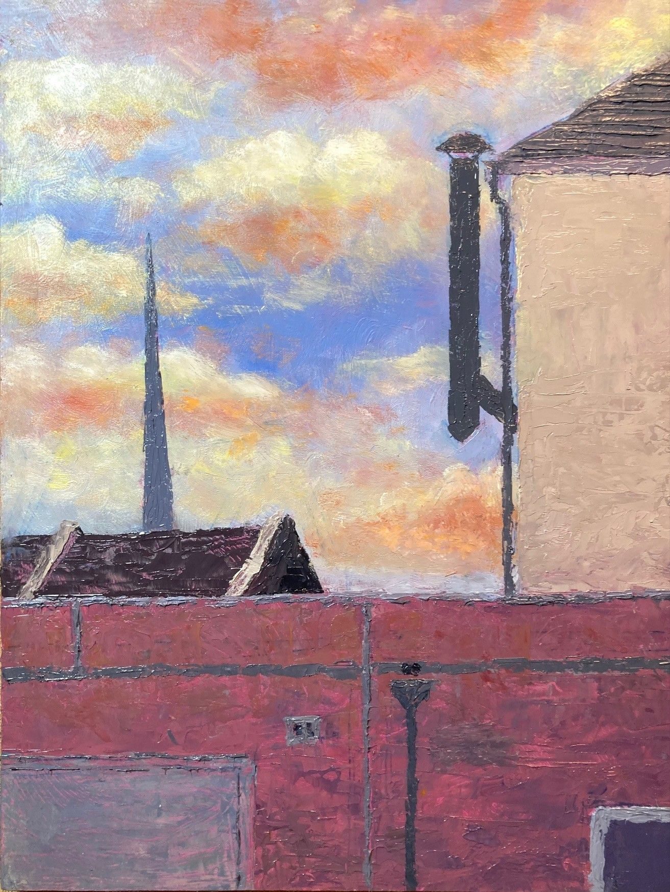 Oil paint on board, 20cm x 26.5cm. A sunset over mundane town buildings.