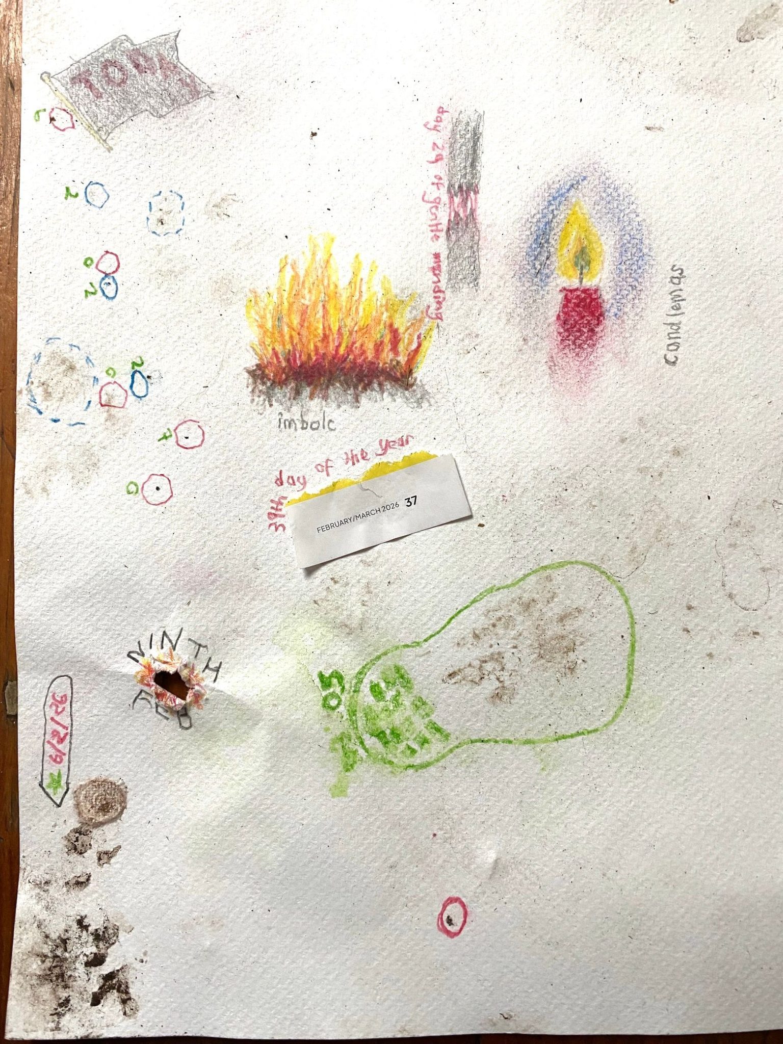 The same drawing as yesterday. Some of the specks of grit have moved away from their outilnes. Between the seed and the footprint, a hole has been pierced in the paper. The torn edges project upwards and are coloured in the red, orange and yellow of the fire image. Around the edge of the hole the words 