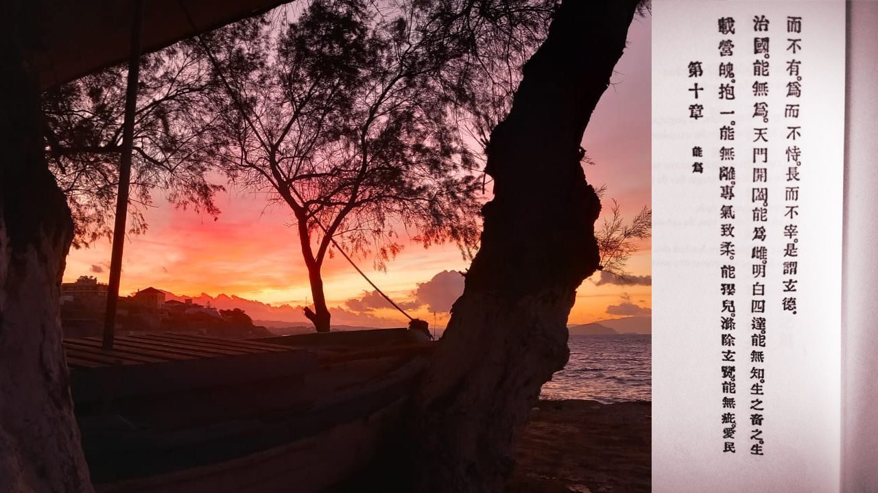 A photo of a sunset and a page from a book with chinese text on the right of the photo.