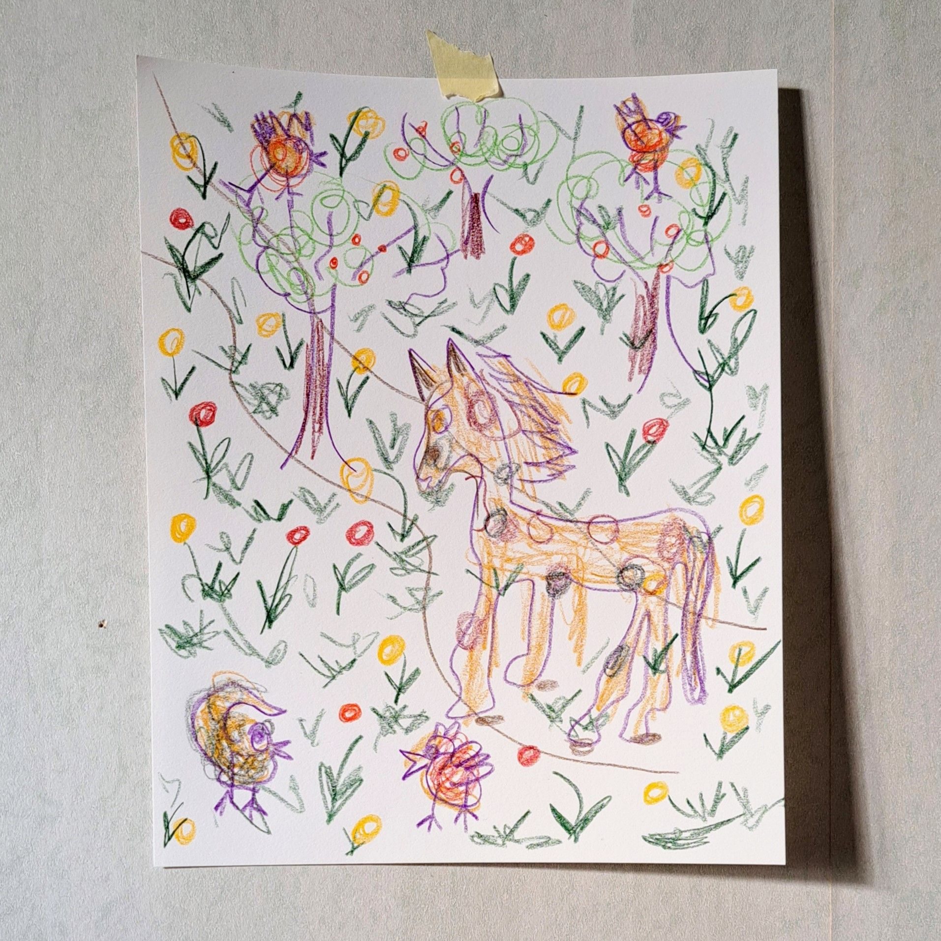 Colourful and naive drawing of a horse, birds, trees and flowers. Made whilst wearing a blindfold.