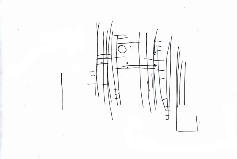Abstract drawing in black pen, vertical lines, some parallel, some a bit curved, occasional cross-over by horizontal lines of varied length, a few tiny circles