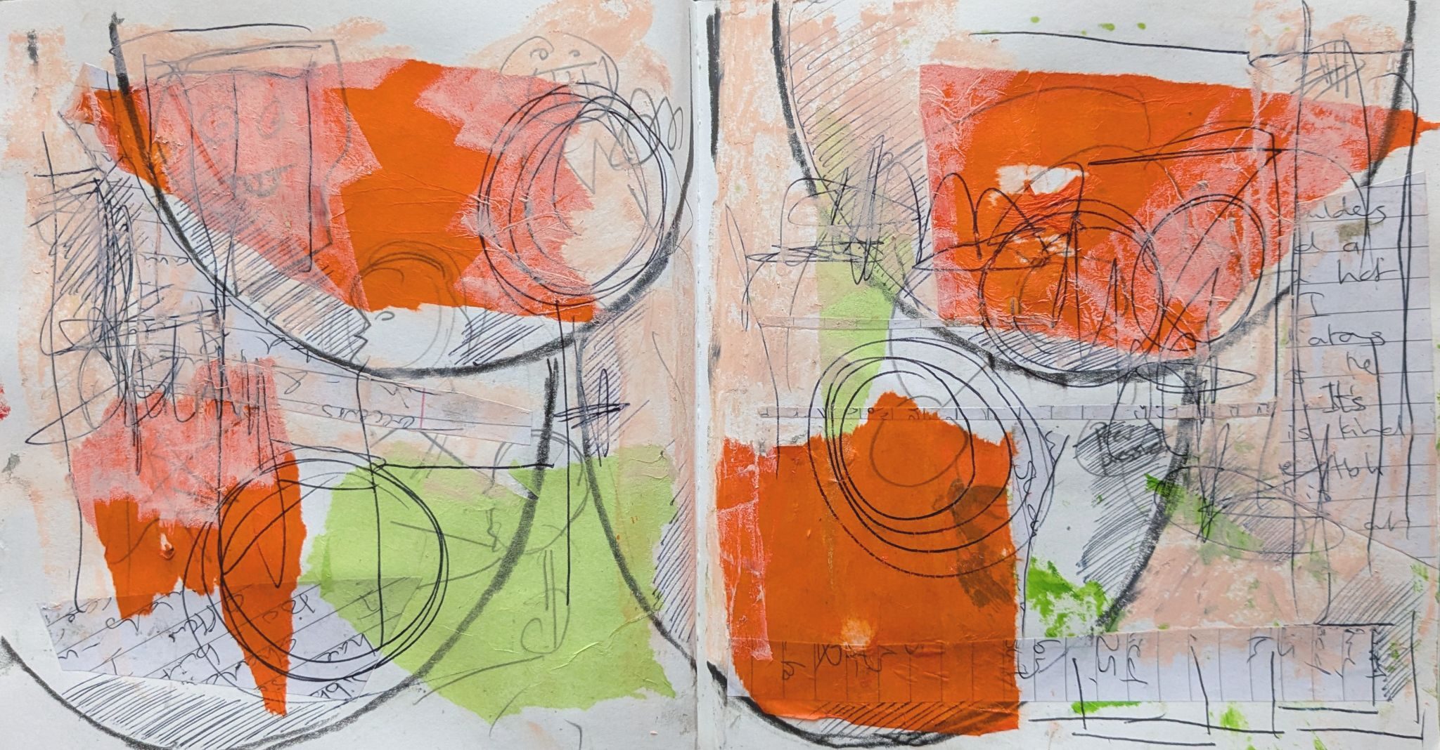 Messy collage. Curved shapes like breasts drawn on, orange and green tissue paper stuck down, and lined paper with words cut up and stuck down. drawing in biro over the top with eyes closed