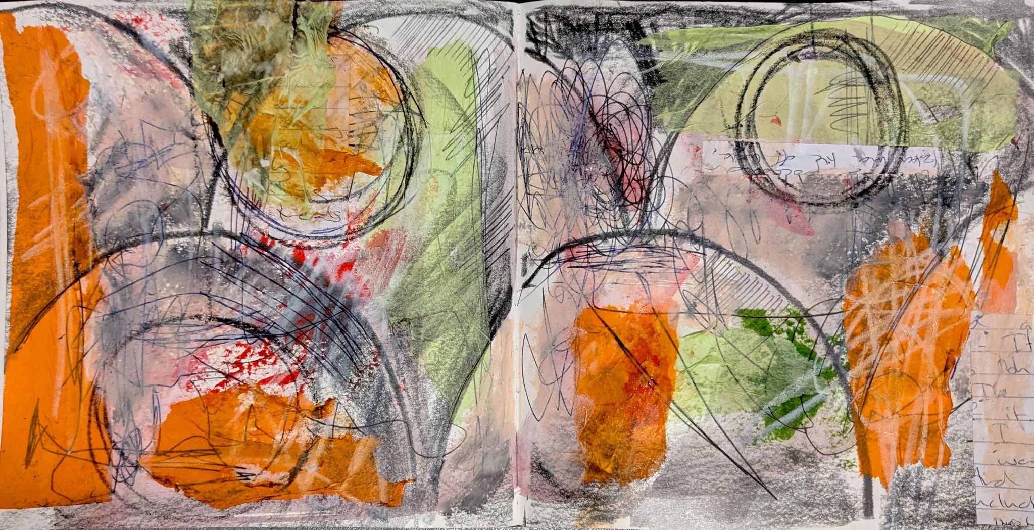 Green and orange tissue paper collaged onto rounded shapes drawn on with graphite stick. blended with peach oil pastel and scribbles over the top in biro and white stabilo woody