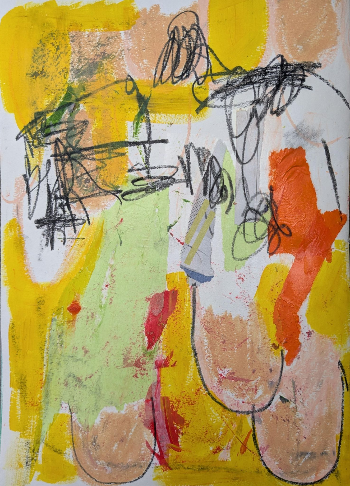 An abstract artwork with yellow paint, green and orange tissue paper, black scribbling, and peach curved shapes like breasts