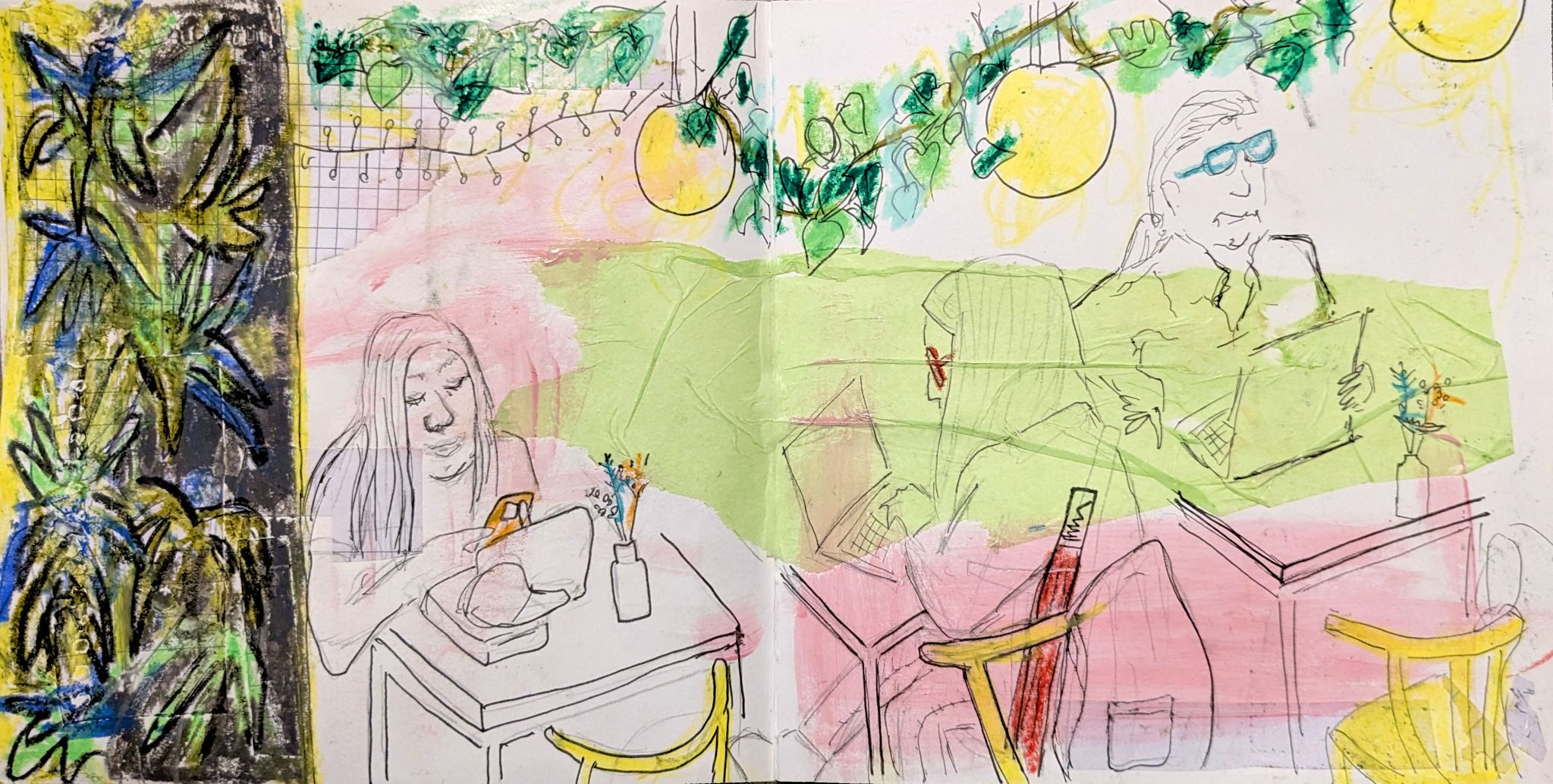 Fine liner drawings of people in a cafe on their laptops and phones, with plants overhead and to the side, with a green tissue paper collaged background