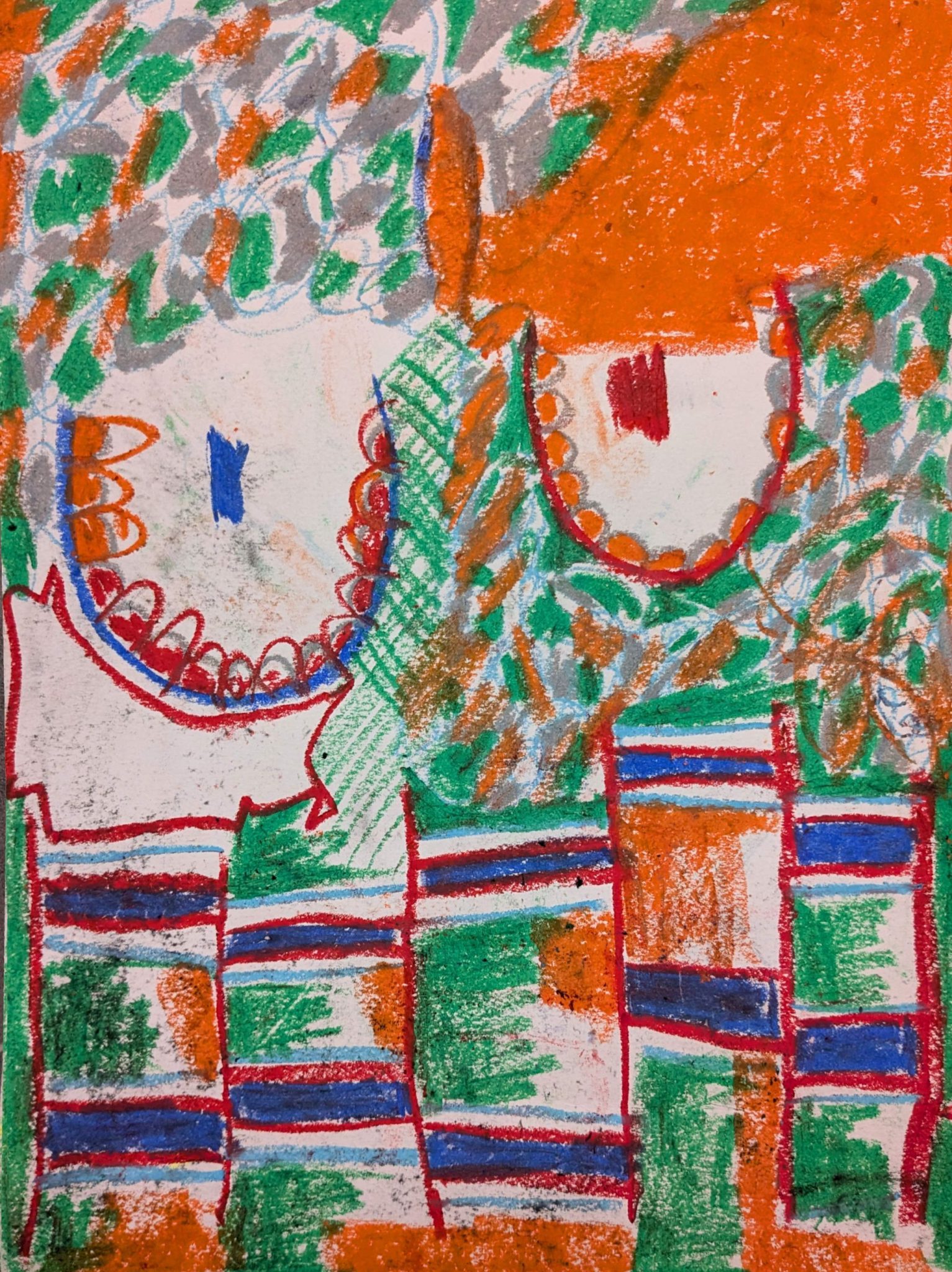 A drawing in orange, green, grey and blue oil pastels. It's abstract, with scribbles, lines and two breast shapes