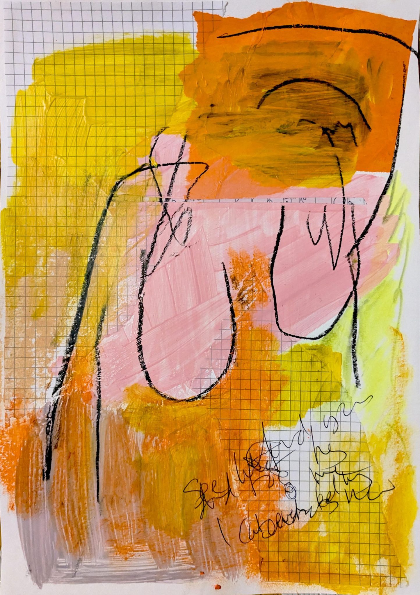An abstract image in Orange, yellow and pink. A loosely drawn line drawing of female with large breasts, and overlapping words at the bottom that are unreadable