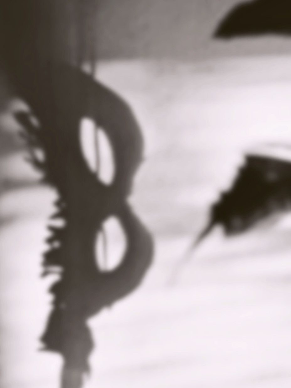 A blurred photo of a shadow on a wall created by a mask used for fancy dress.