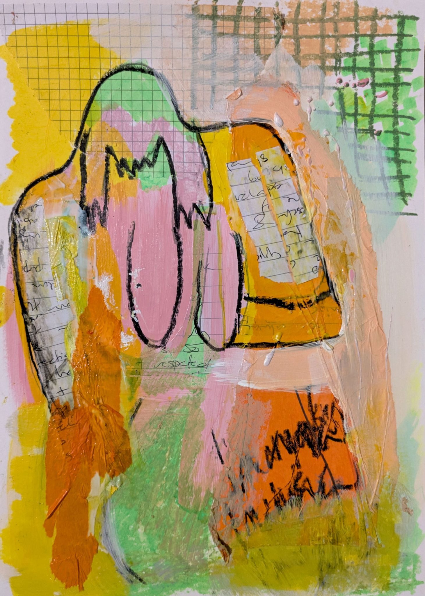Abstract image of a woman. yellow, orange, pink and green colours. painting and collage
