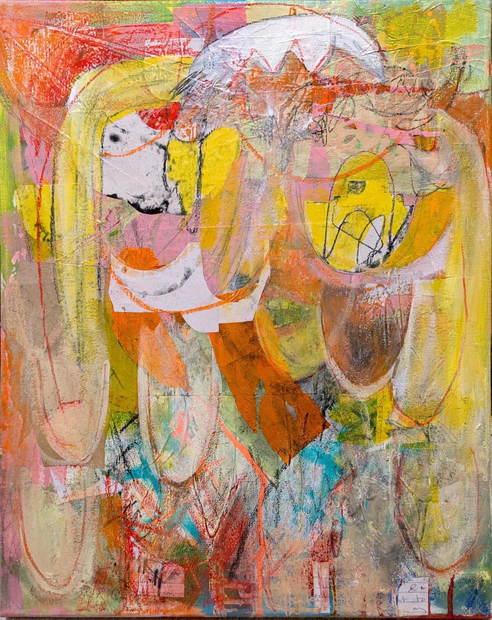 Abstract painting in yellow, pink, orange and red, with collage, oil pastels and acrylic. A loose image of a figure and lots of curved shapes like boobs