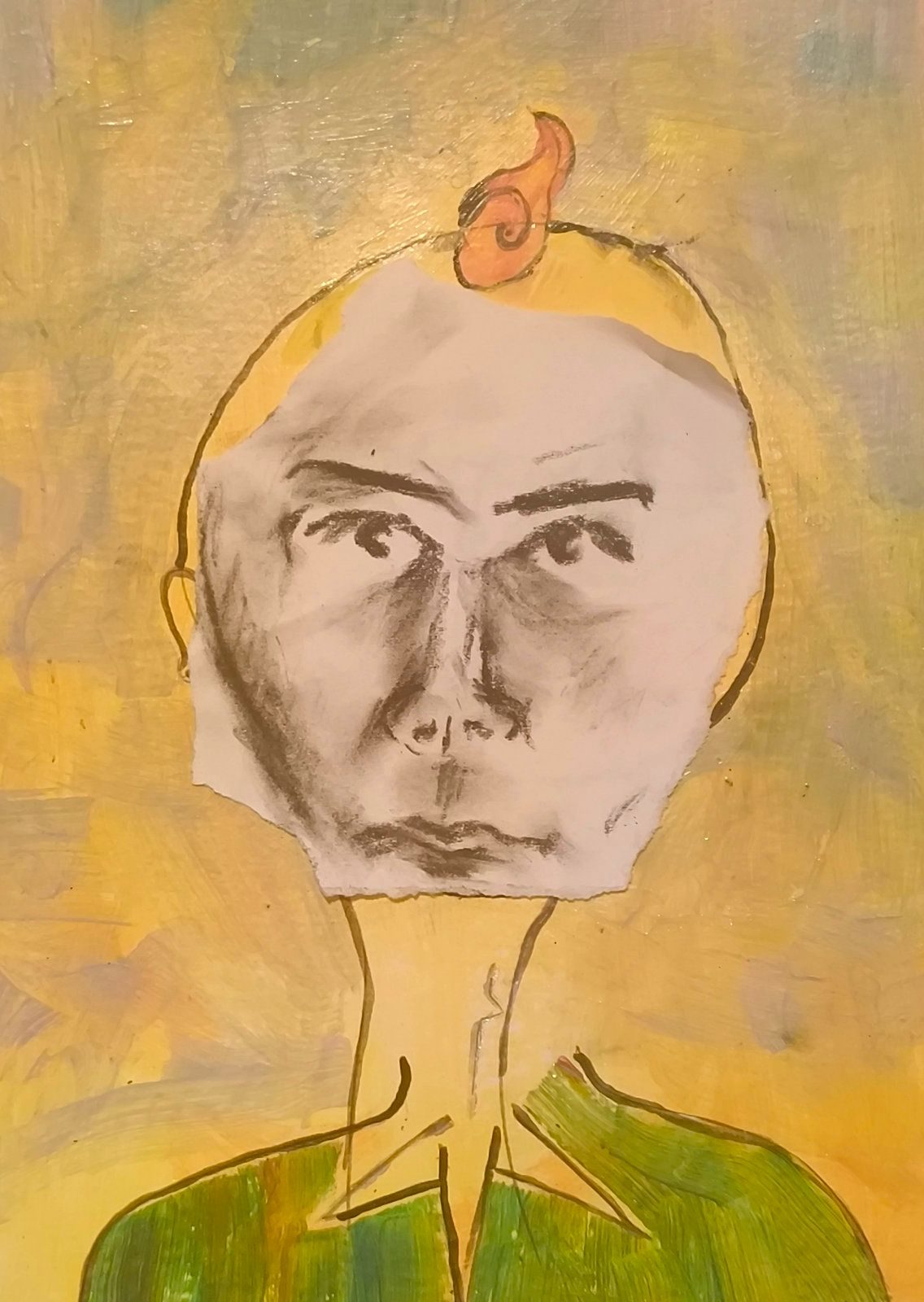 My painting from day 10, but with a charcoal drawing of a face over the weird face that was there before