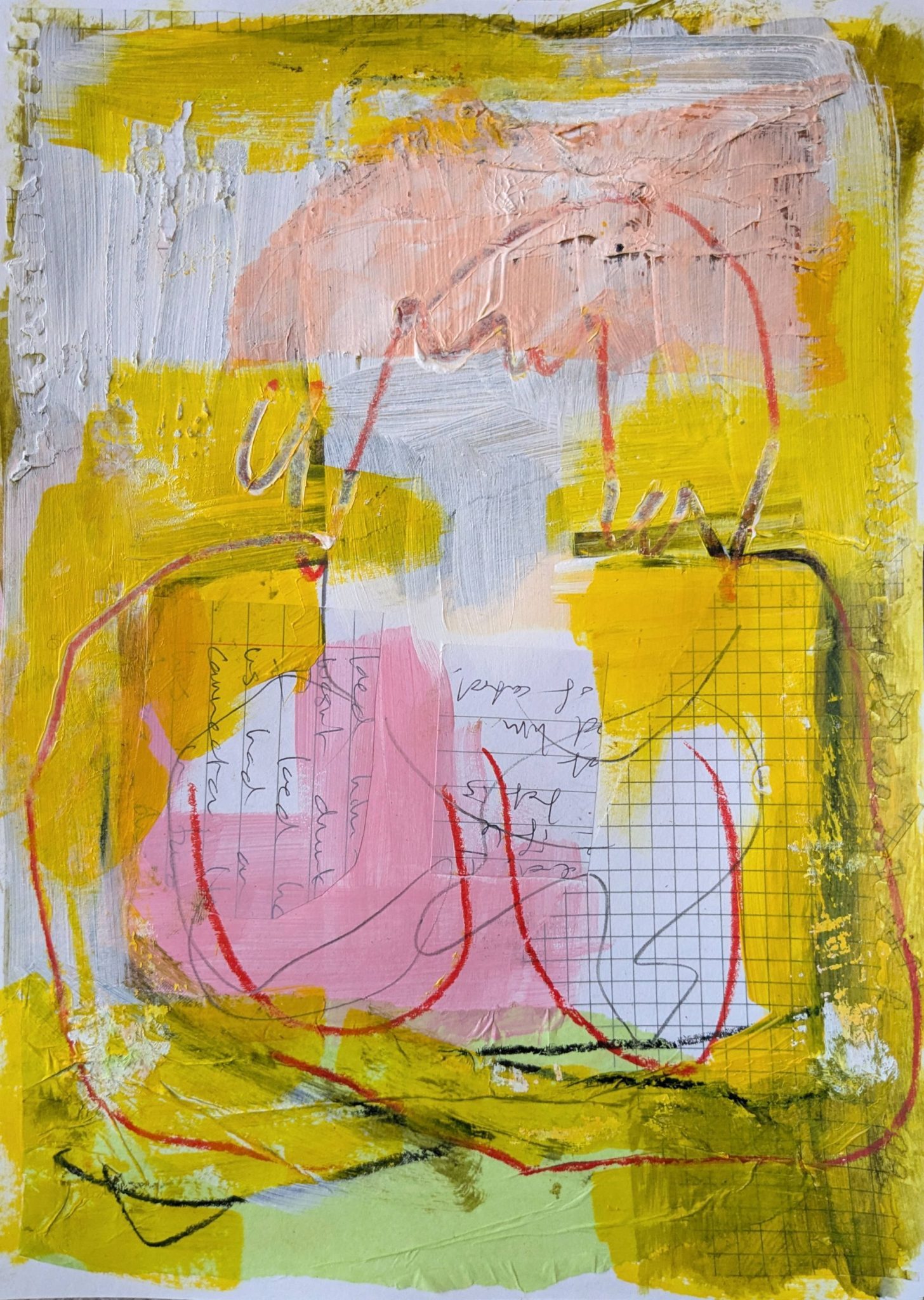 Abstract image, in white, yellow and collage. of a woman with arms folded